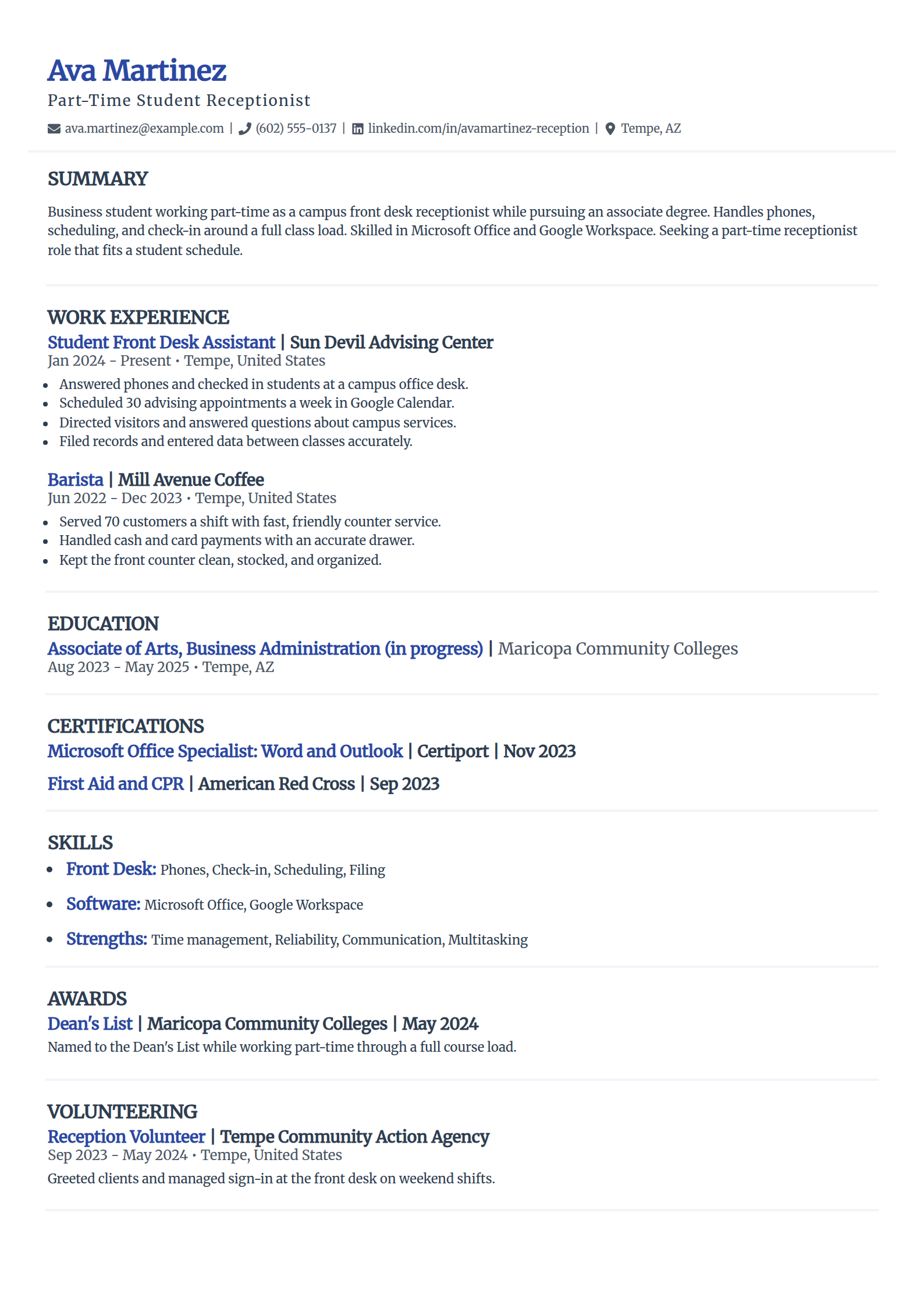 Part-time student receptionist resume example in the Elegant template