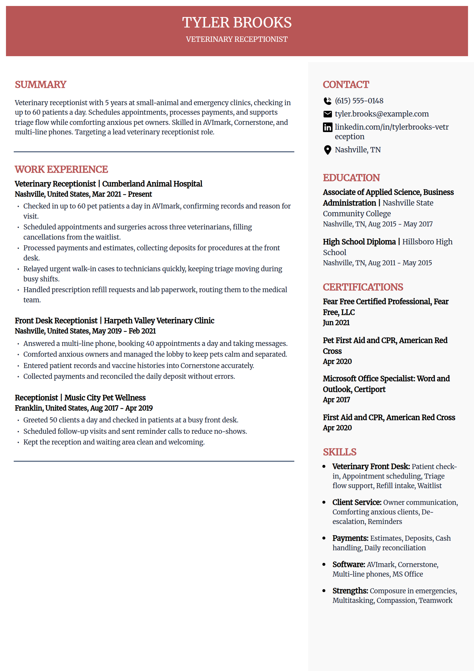 Veterinary receptionist resume example in the Executive template