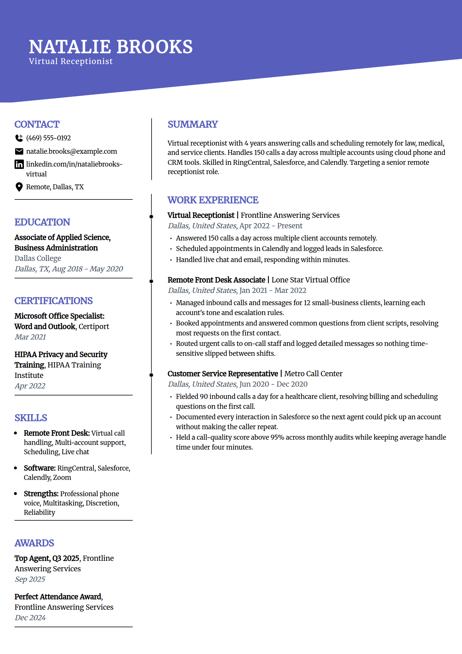 Virtual and remote receptionist resume example in the Orbit template