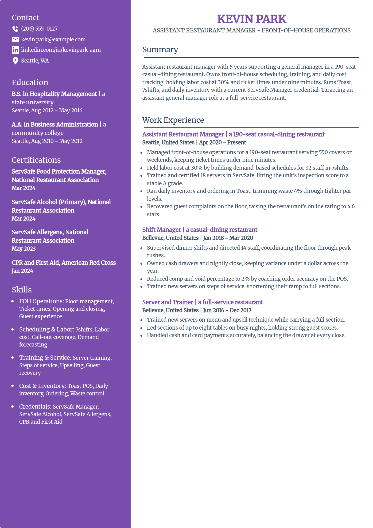 Assistant Restaurant Manager resume example in the Pioneer template