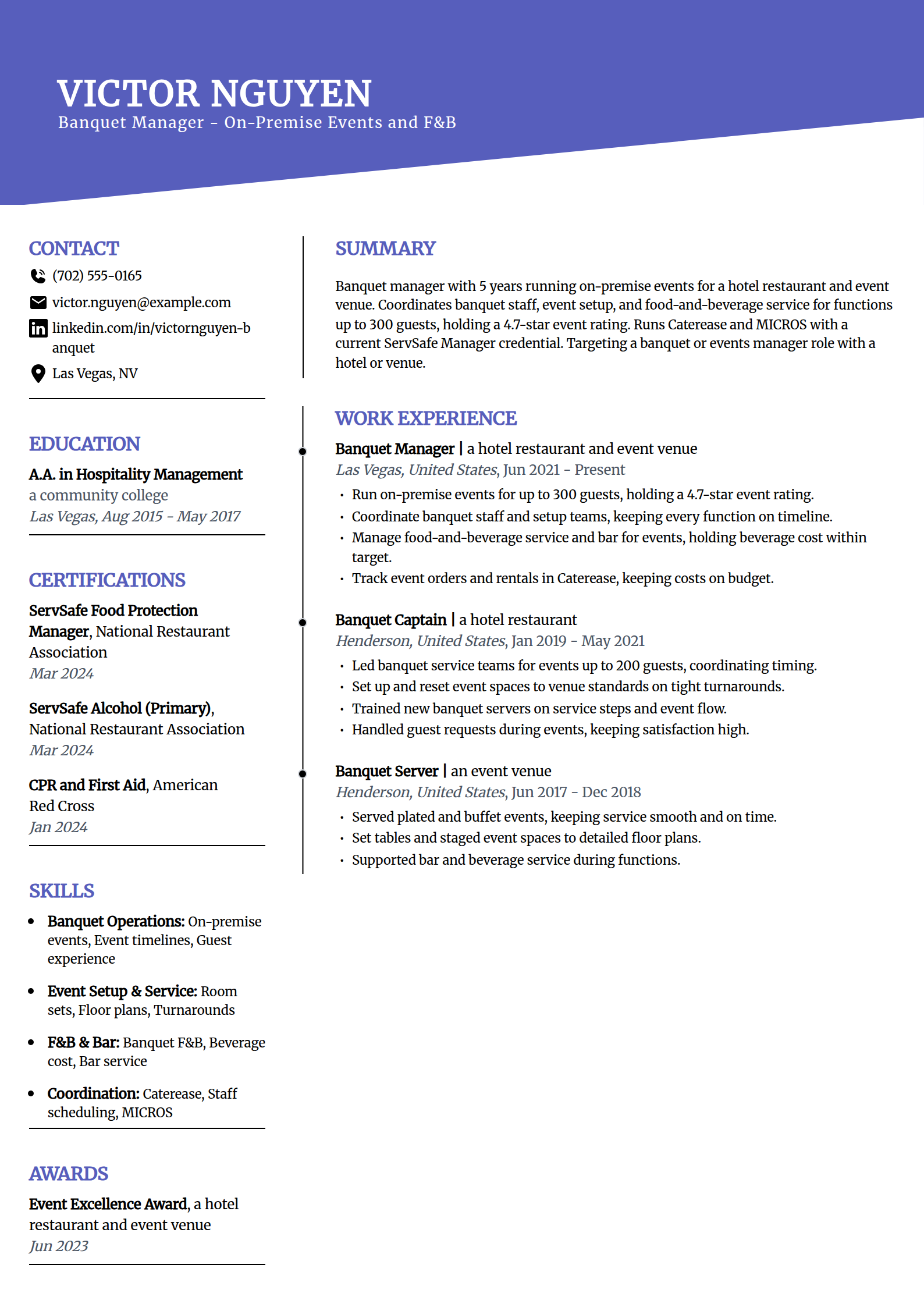 Banquet Manager resume example in the Orbit template
