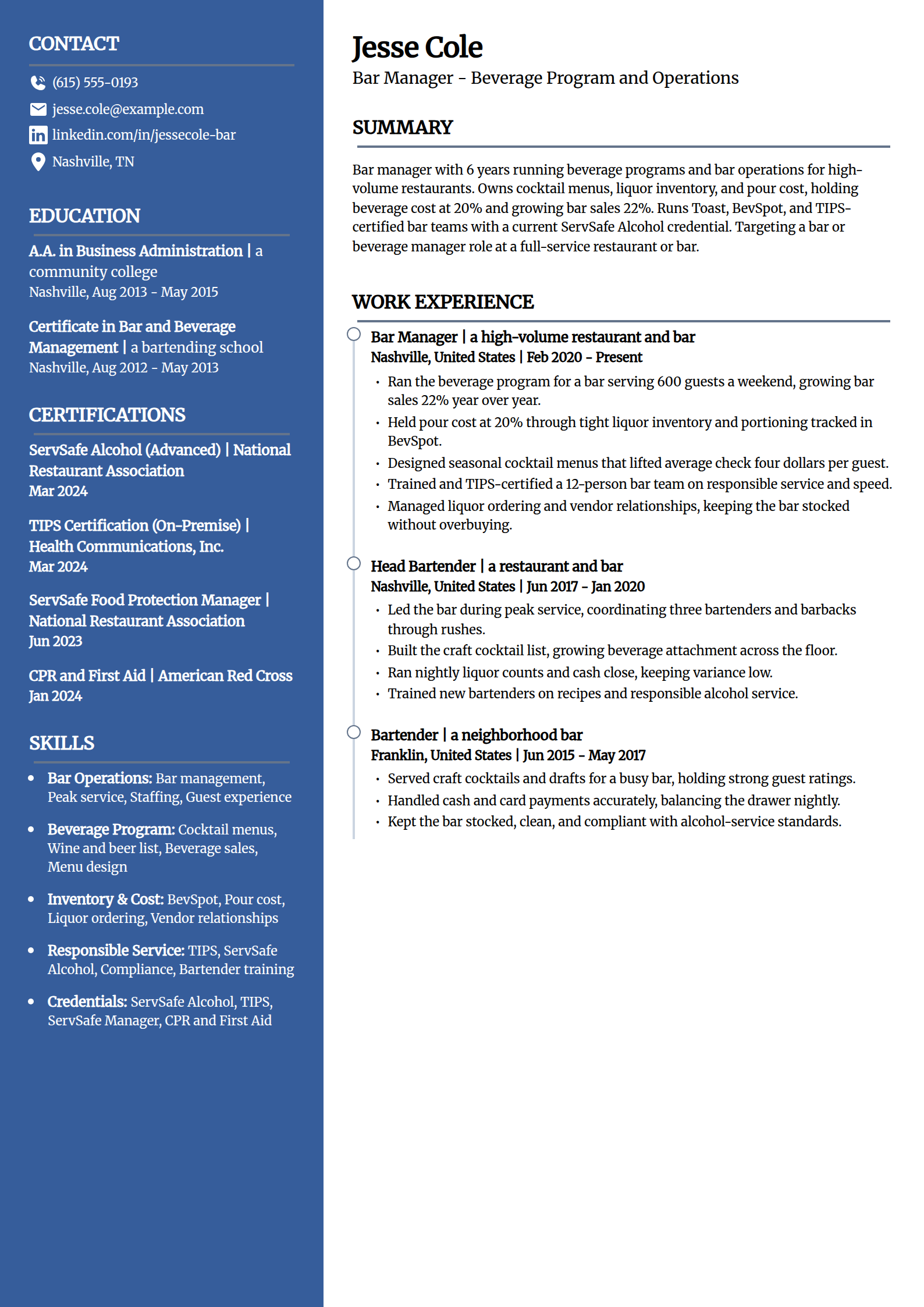 Bar Manager resume example in the Creative template