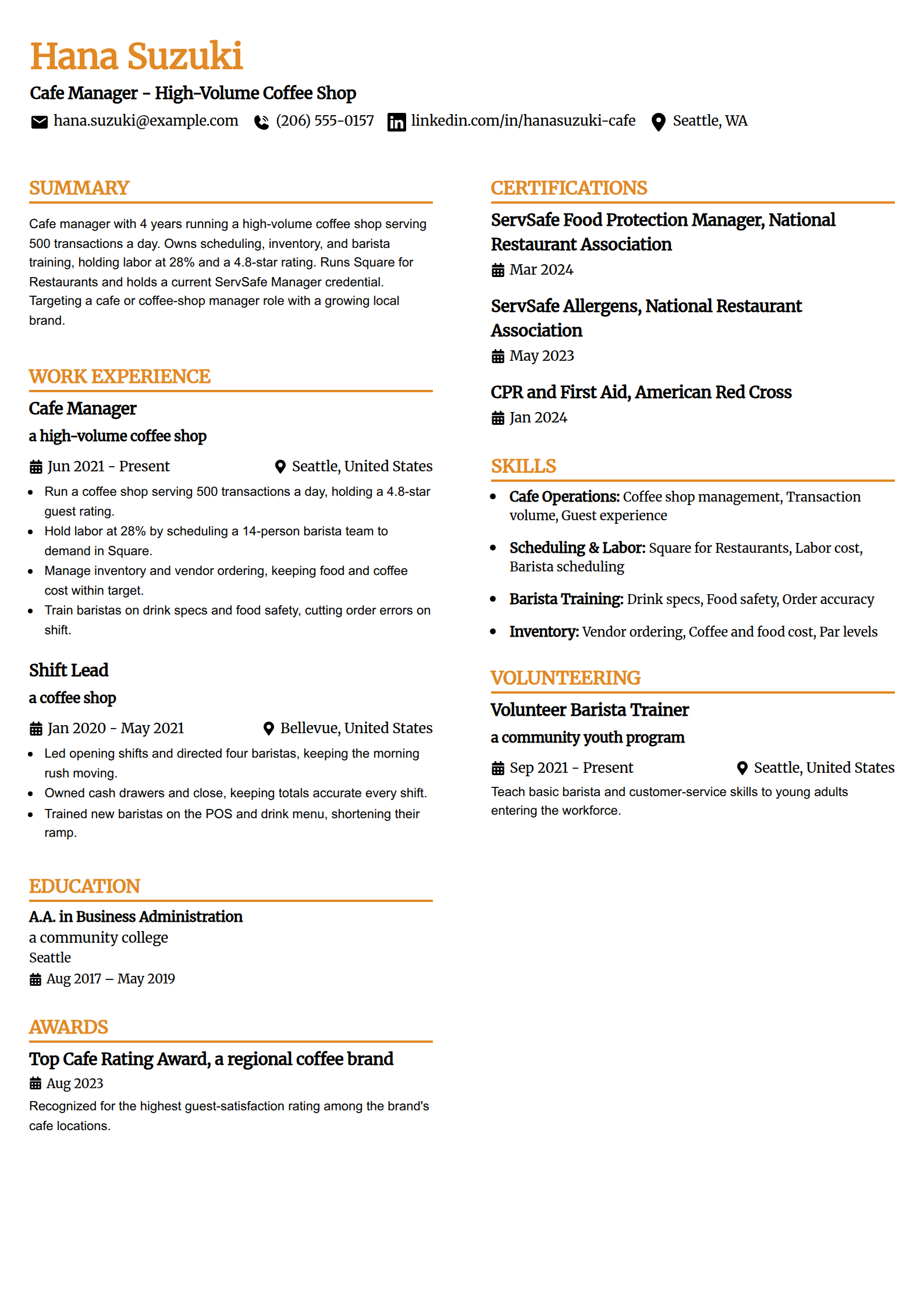 Cafe Coffee-Shop Manager resume example in the Professional Edge template