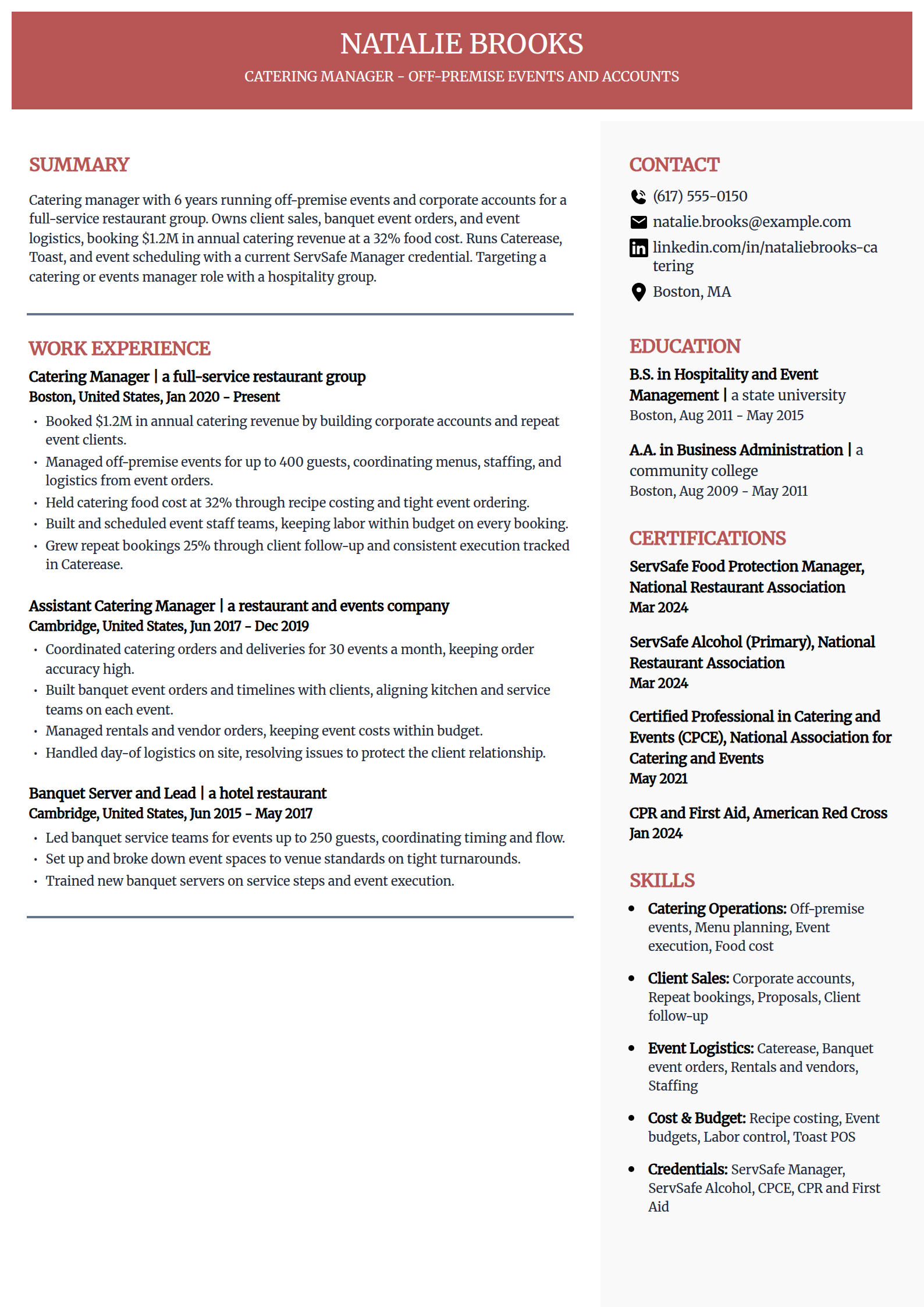 Catering Manager resume example in the Executive template