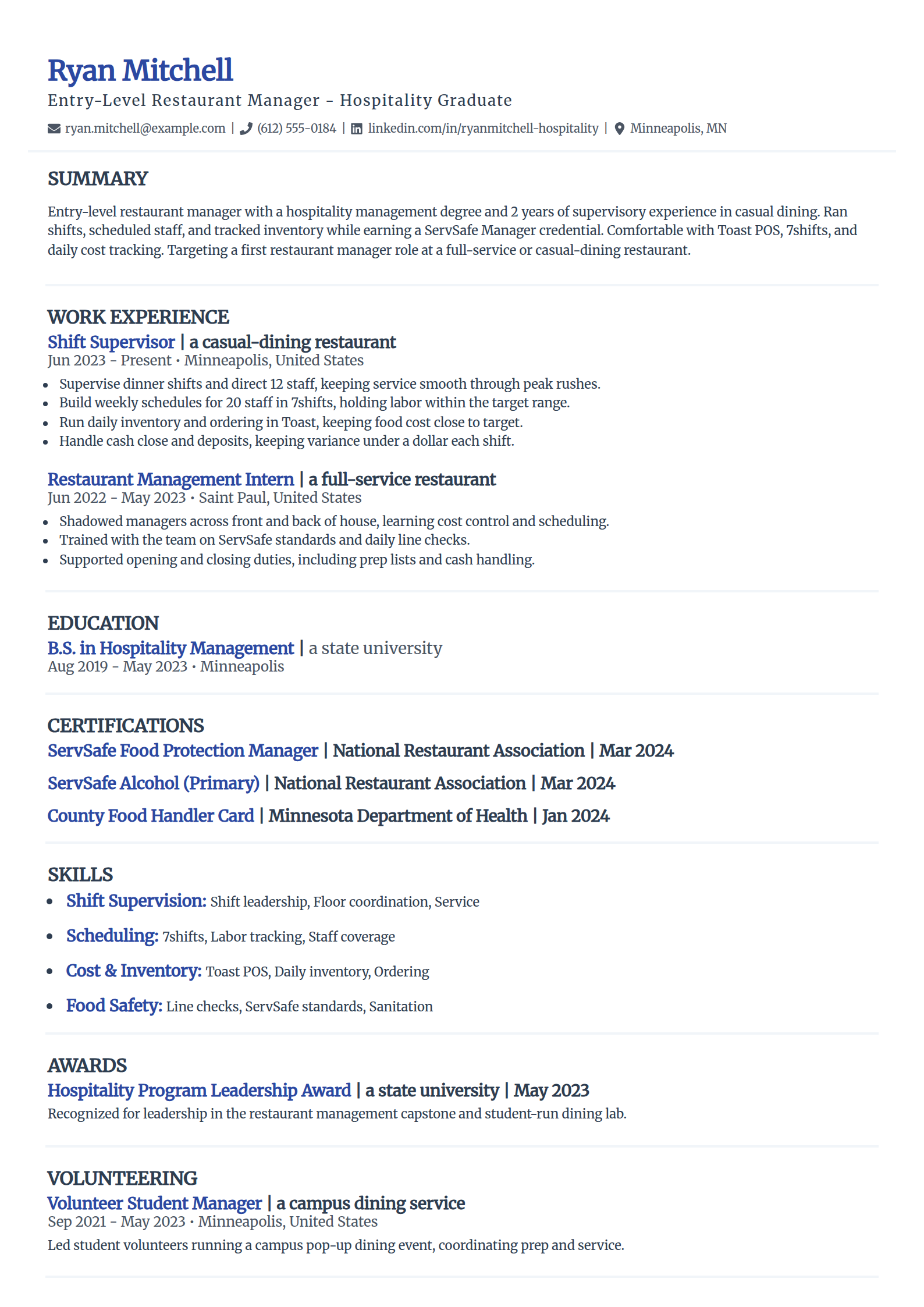 Entry-Level Restaurant Manager resume example in the Elegant template