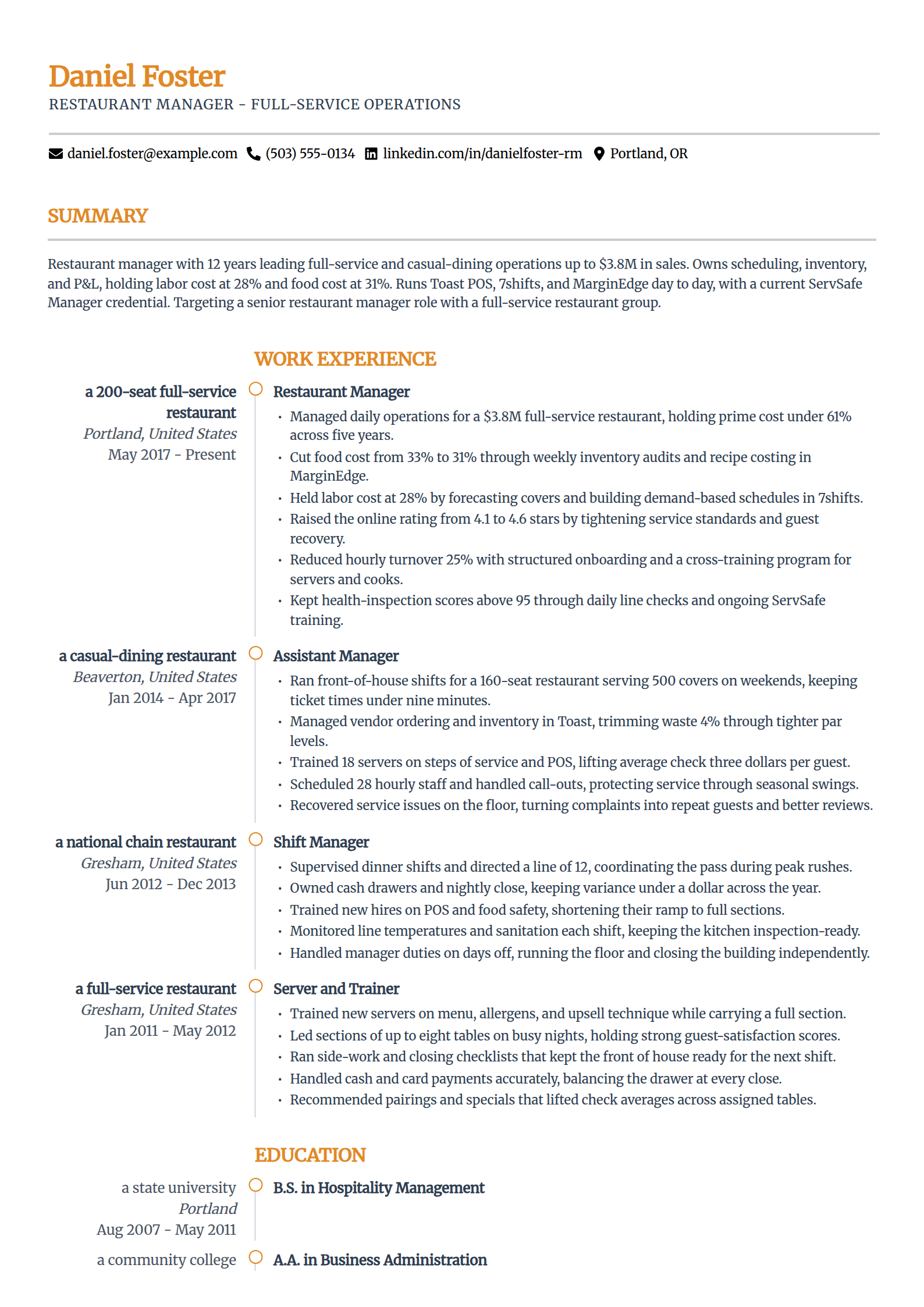 Experienced Restaurant Manager resume example in the Zenith template