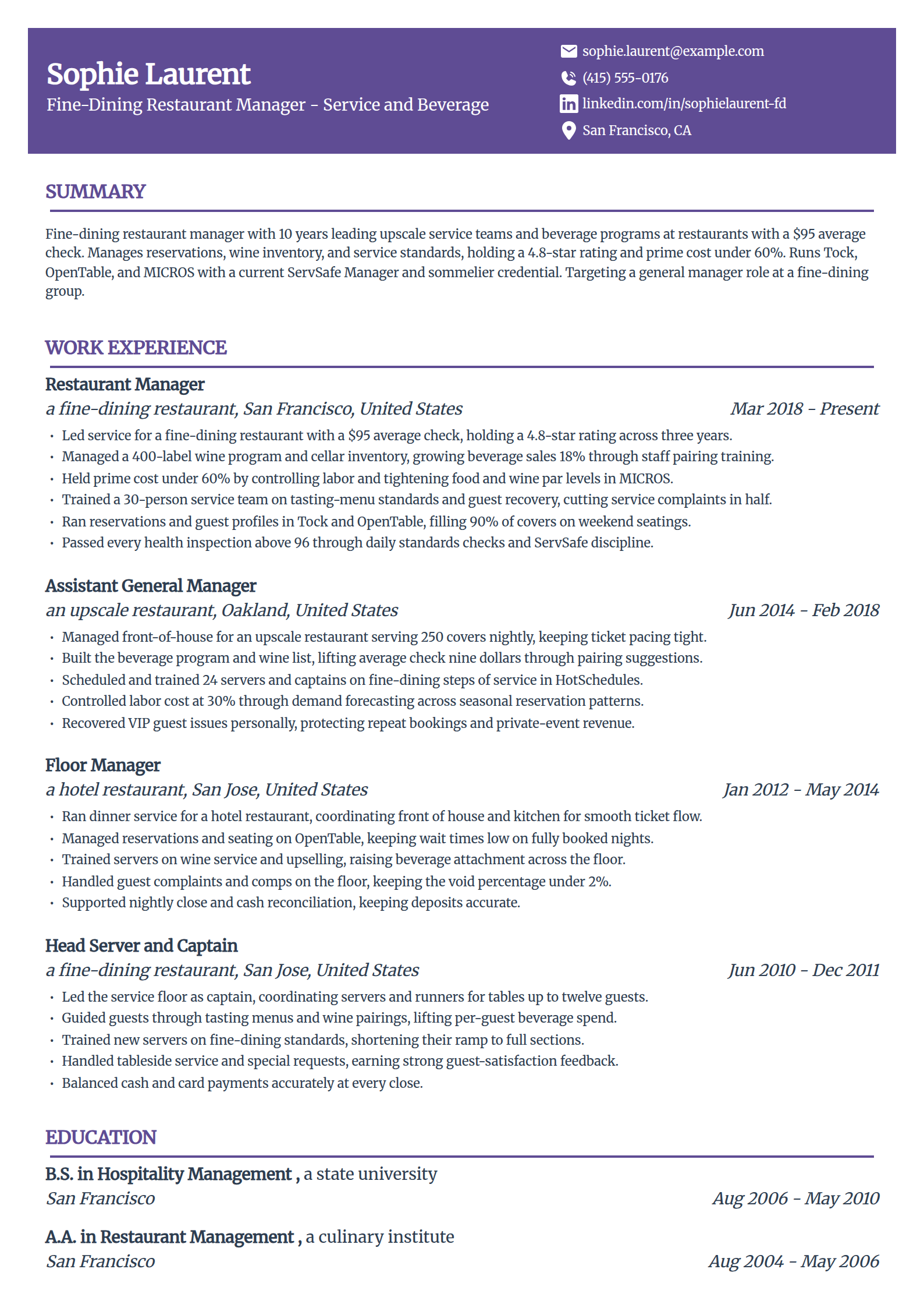 Fine-Dining Restaurant Manager resume example in the Panorama template
