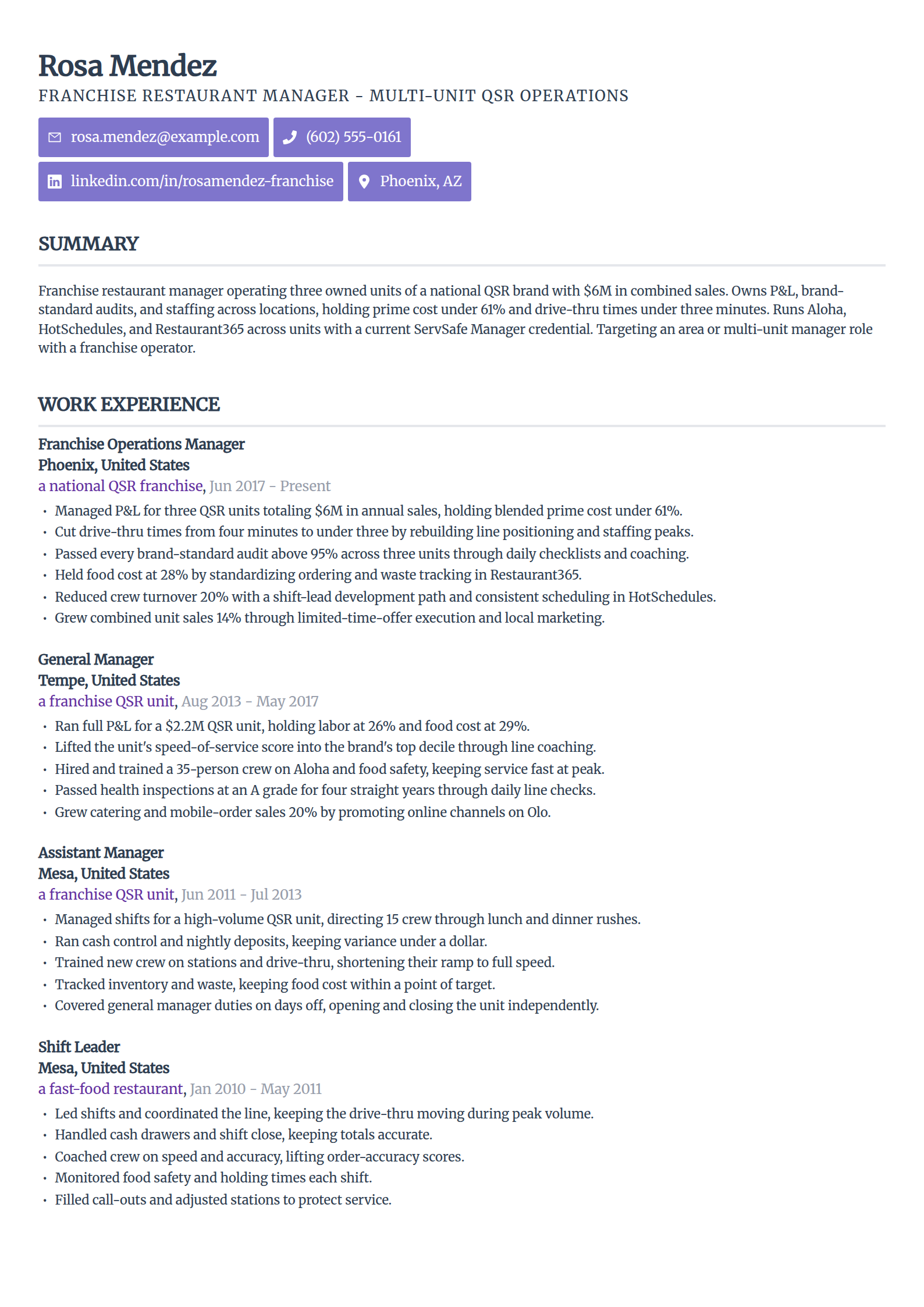 Franchise Restaurant Manager resume example in the Sleek Framework template