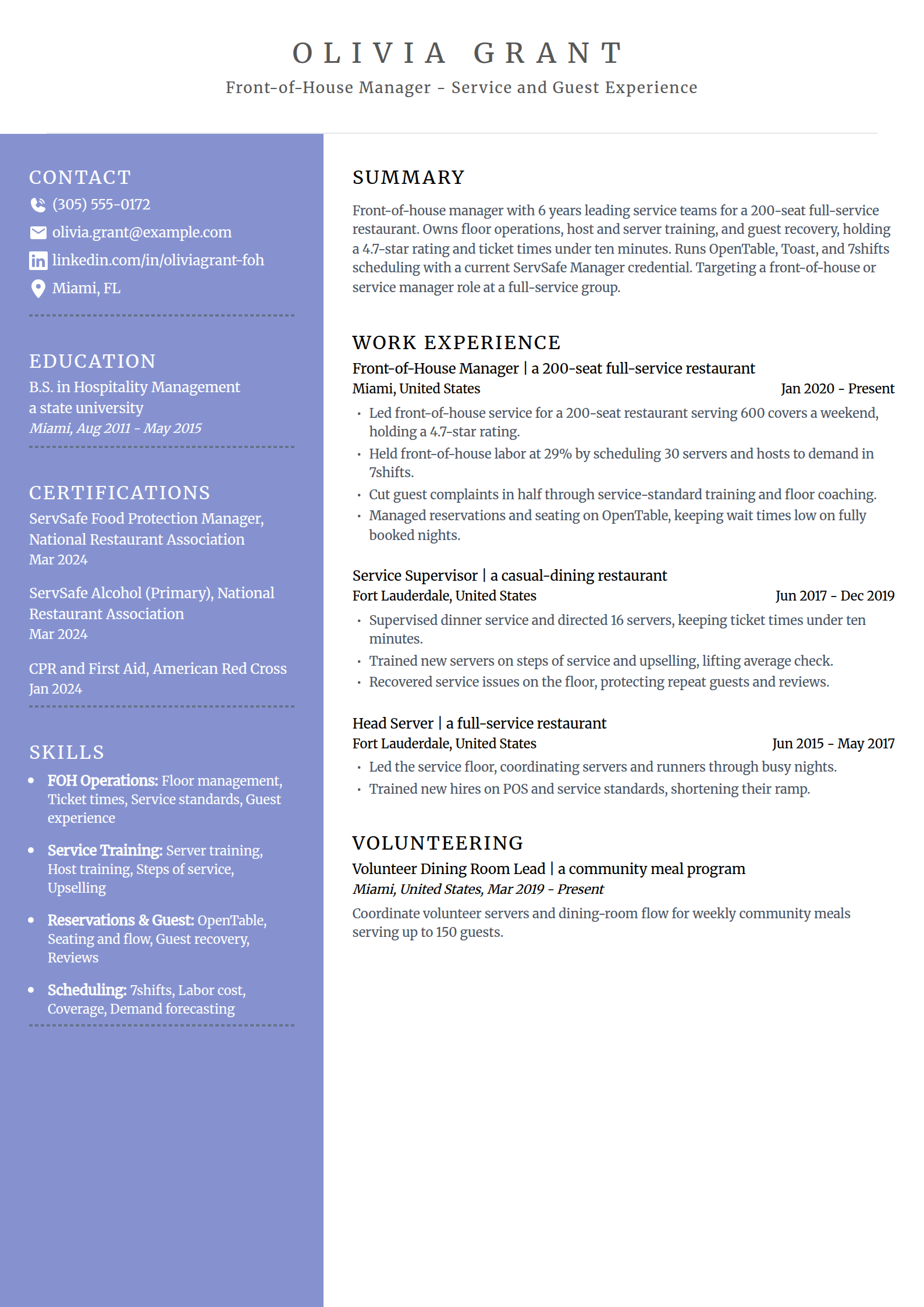 Front-of-House Restaurant Manager resume example in the Luminary template
