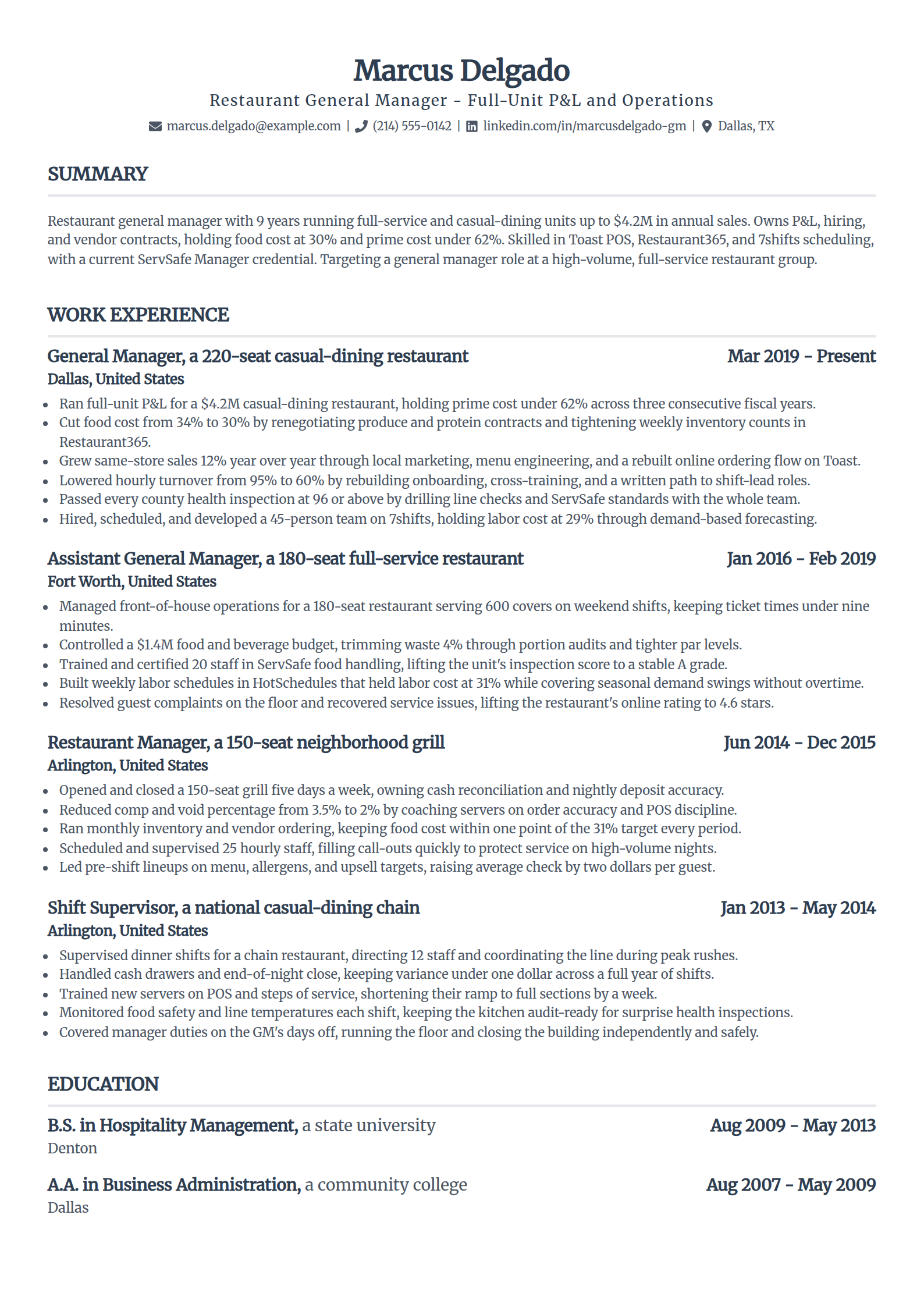 Restaurant General Manager resume example in the Standard template