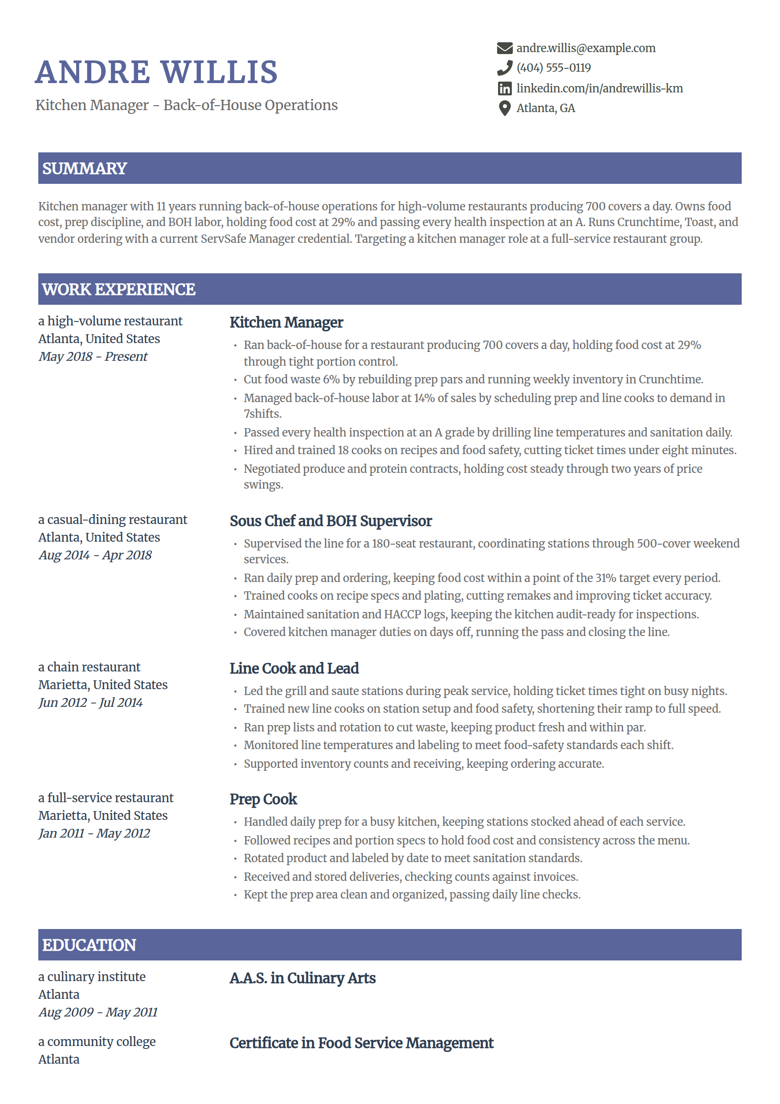 Kitchen Manager back-of-house resume example in the Catalyst template