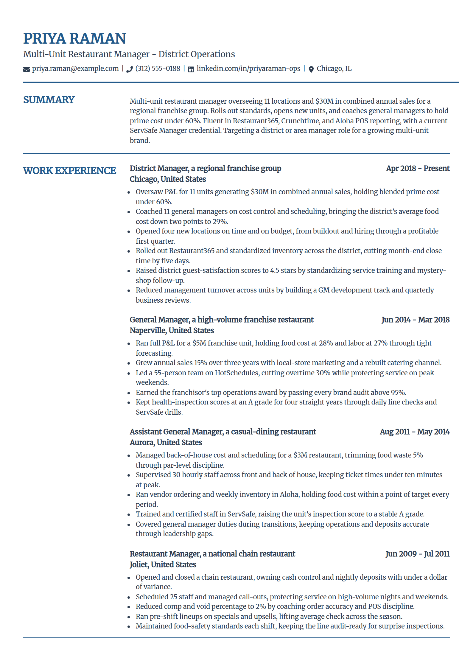 Multi-Unit District Restaurant Manager resume example in the Craft template