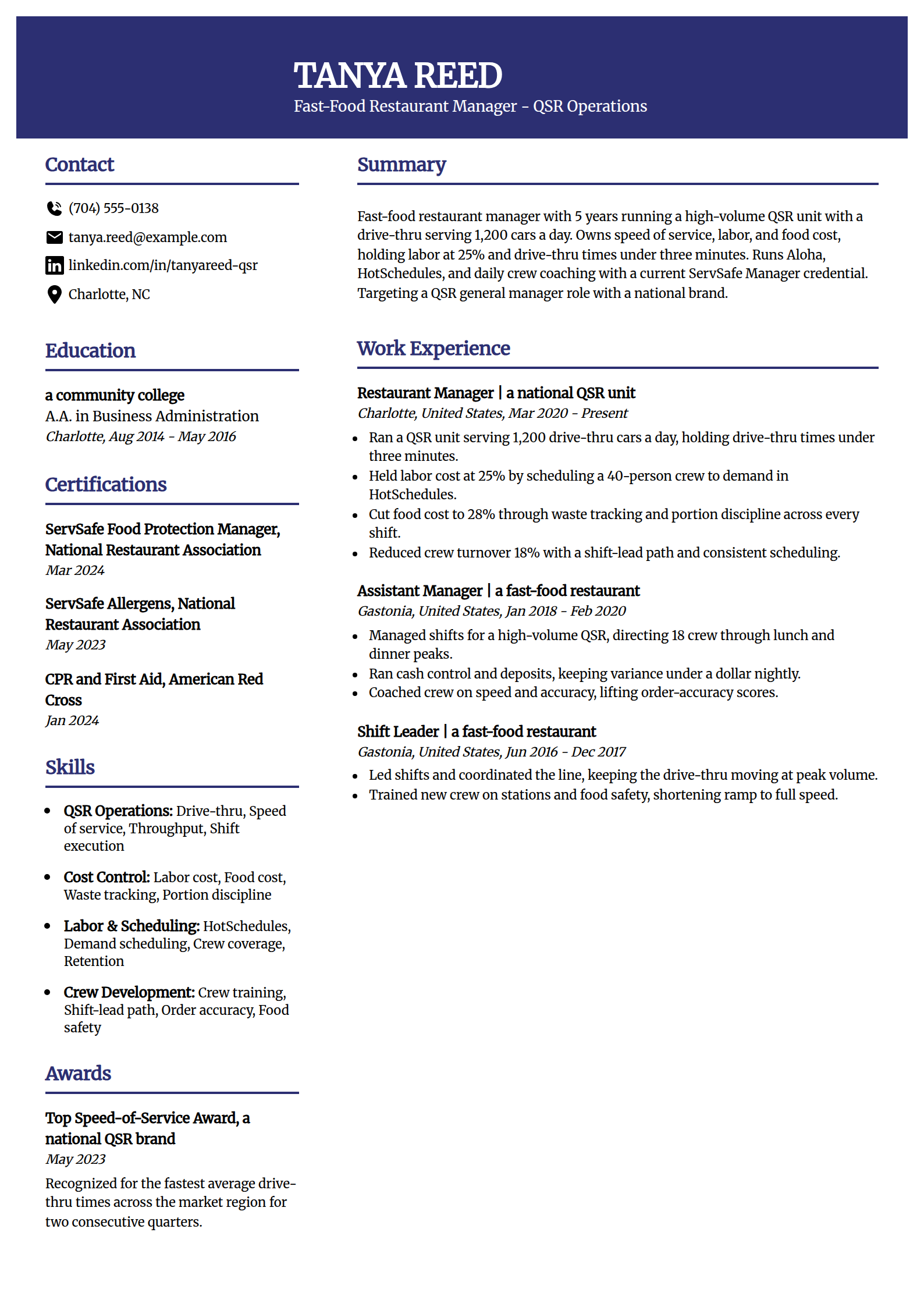 Fast-Food QSR Restaurant Manager resume example in the Visionary template