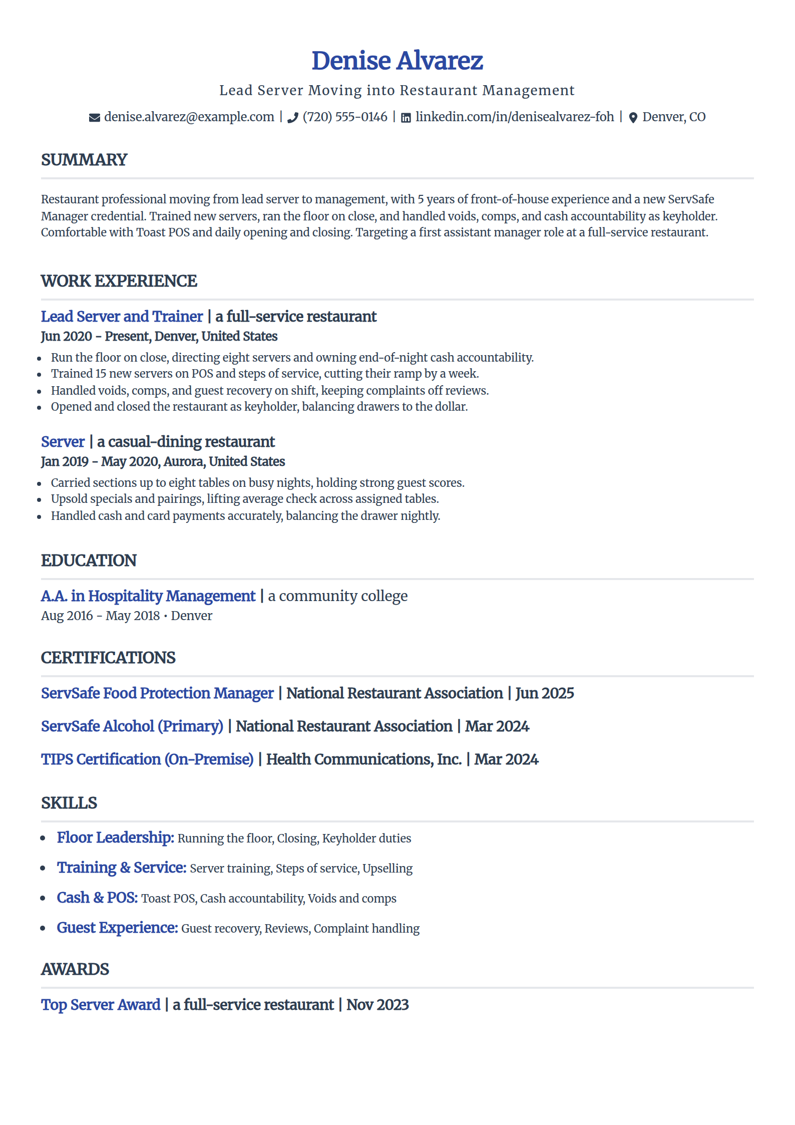 Server-to-Manager career changer resume example in the Simple template
