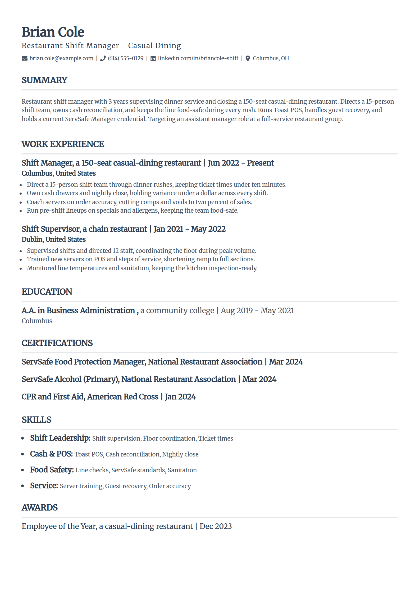 Restaurant Shift Manager resume example in the Classic template