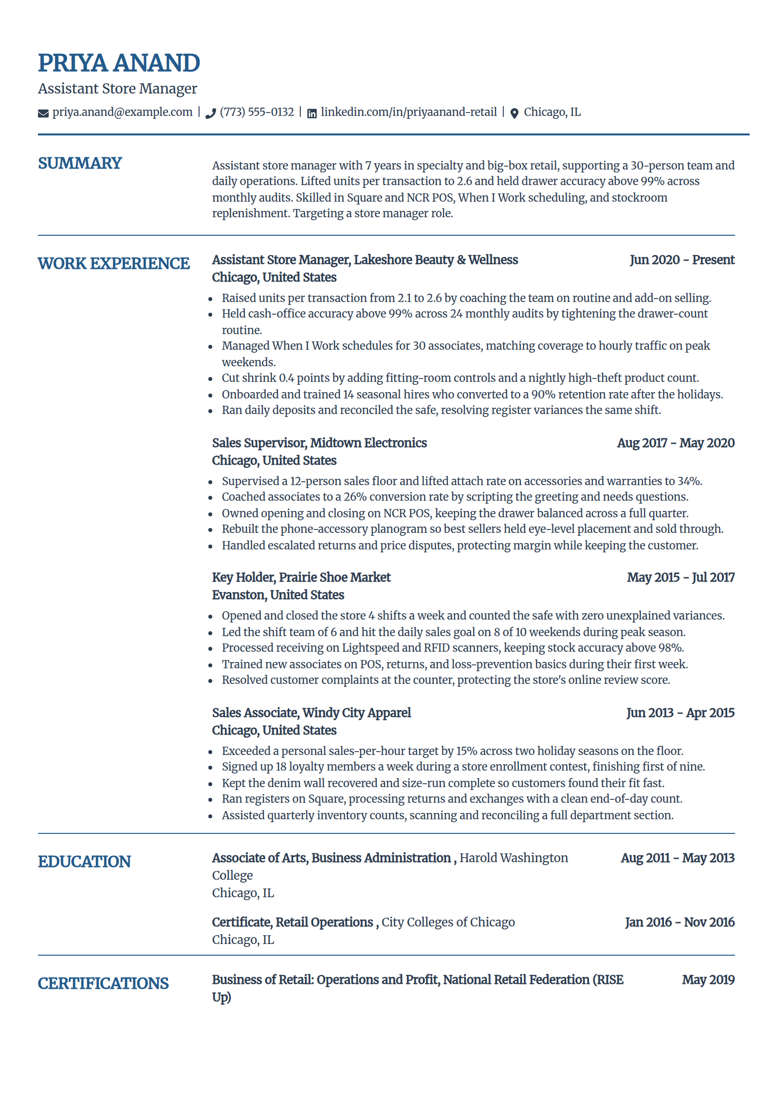 Assistant store manager resume example in the Craft template