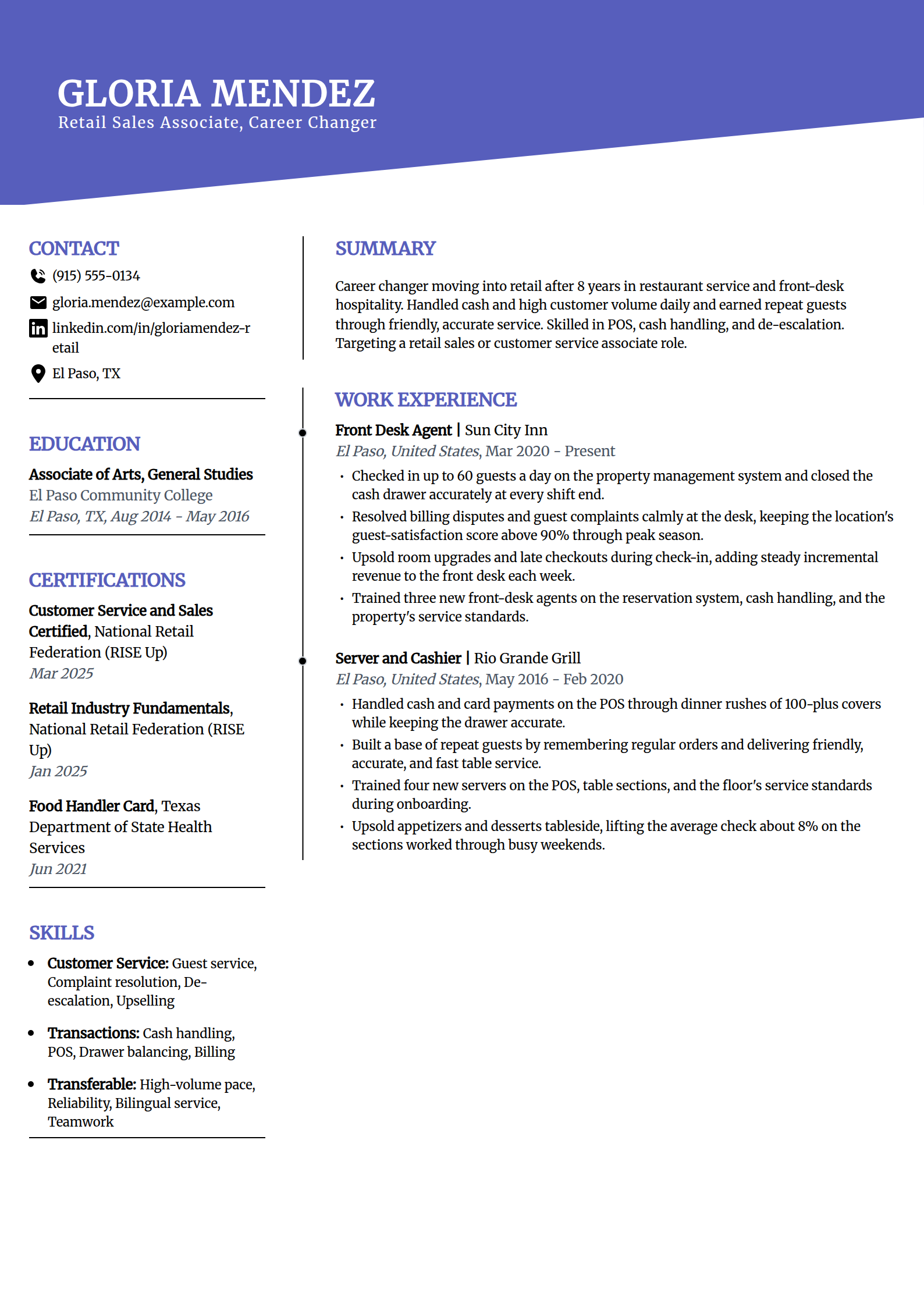 Career-changer to retail resume example in the Orbit template