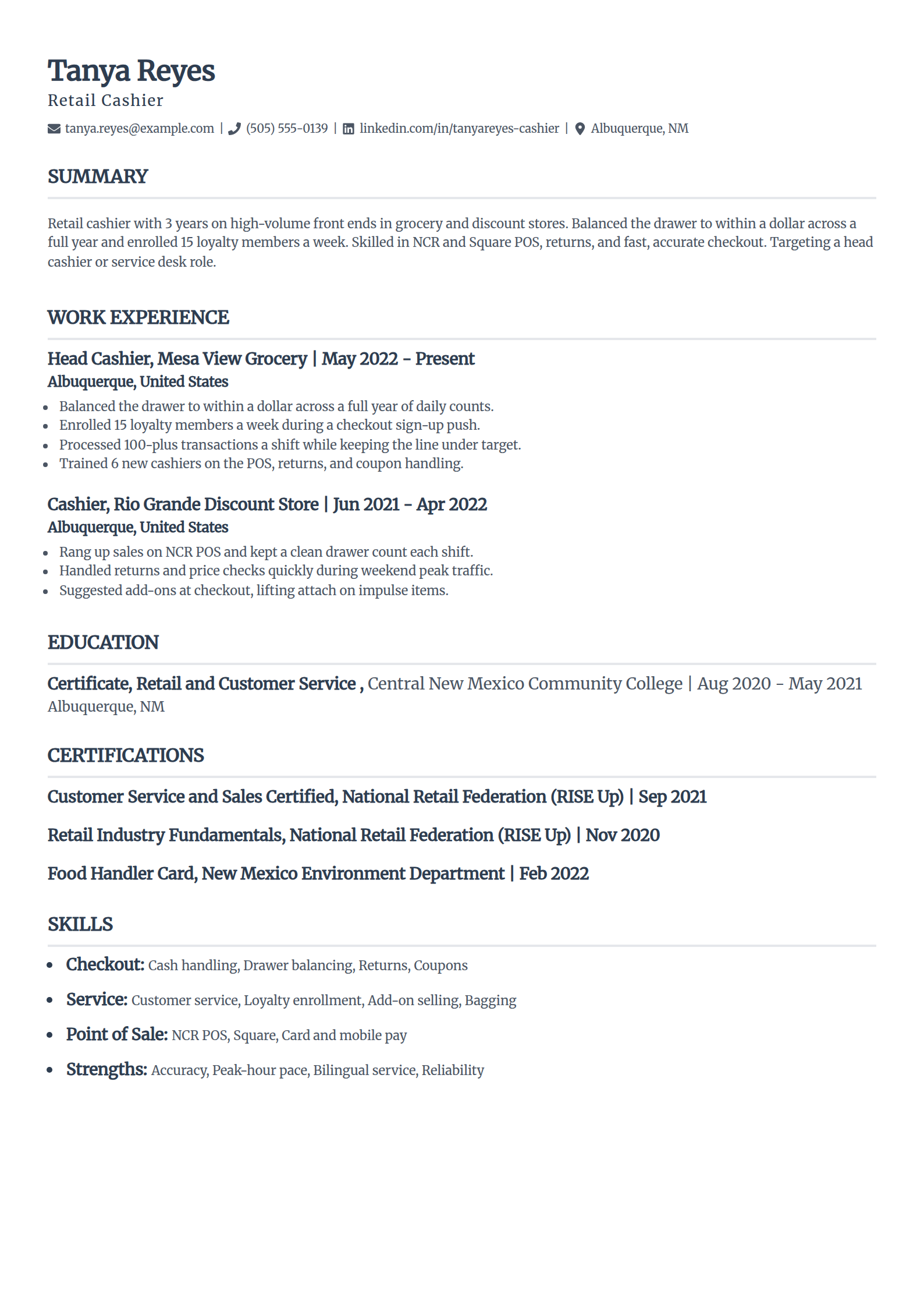 Retail cashier resume example in the Classic template