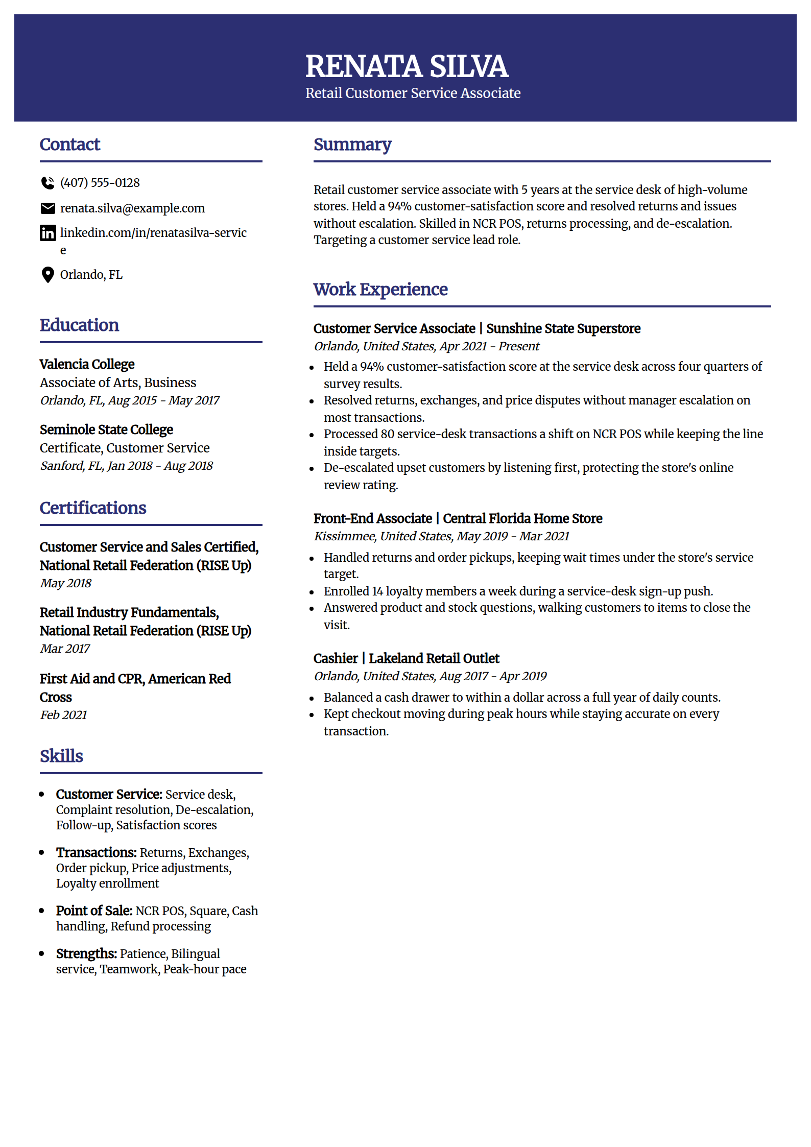 Retail customer service associate resume example in the Visionary template