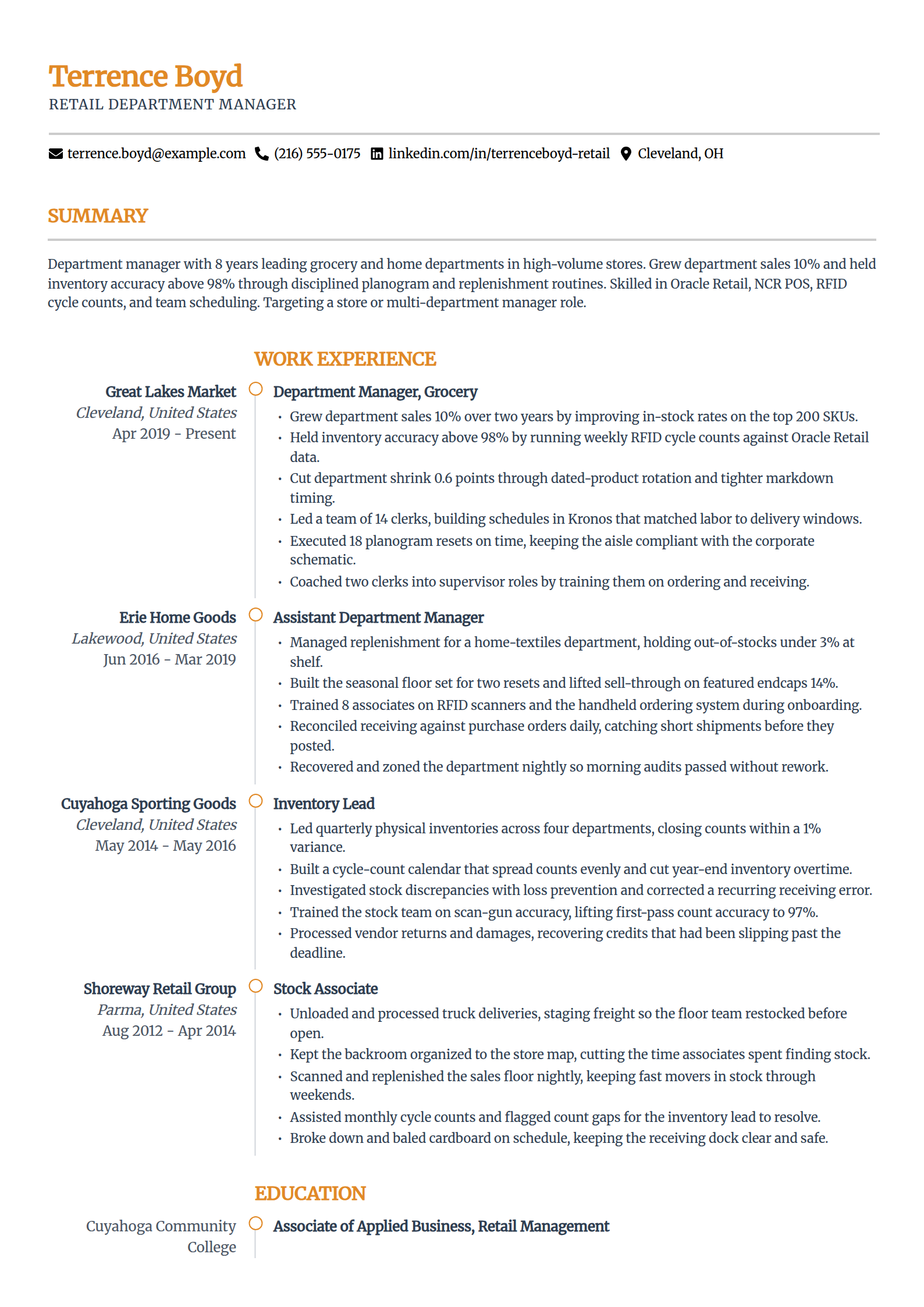 Retail department manager resume example in the Zenith template