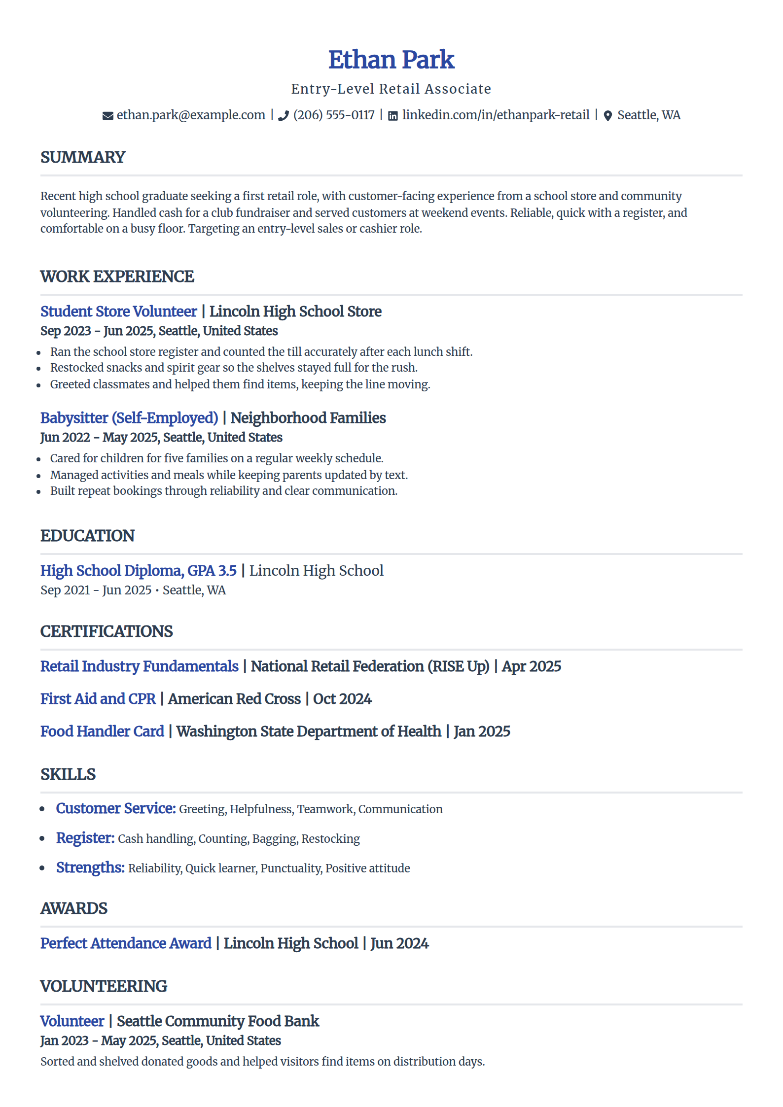 Entry-level no-experience retail resume example in the Simple template