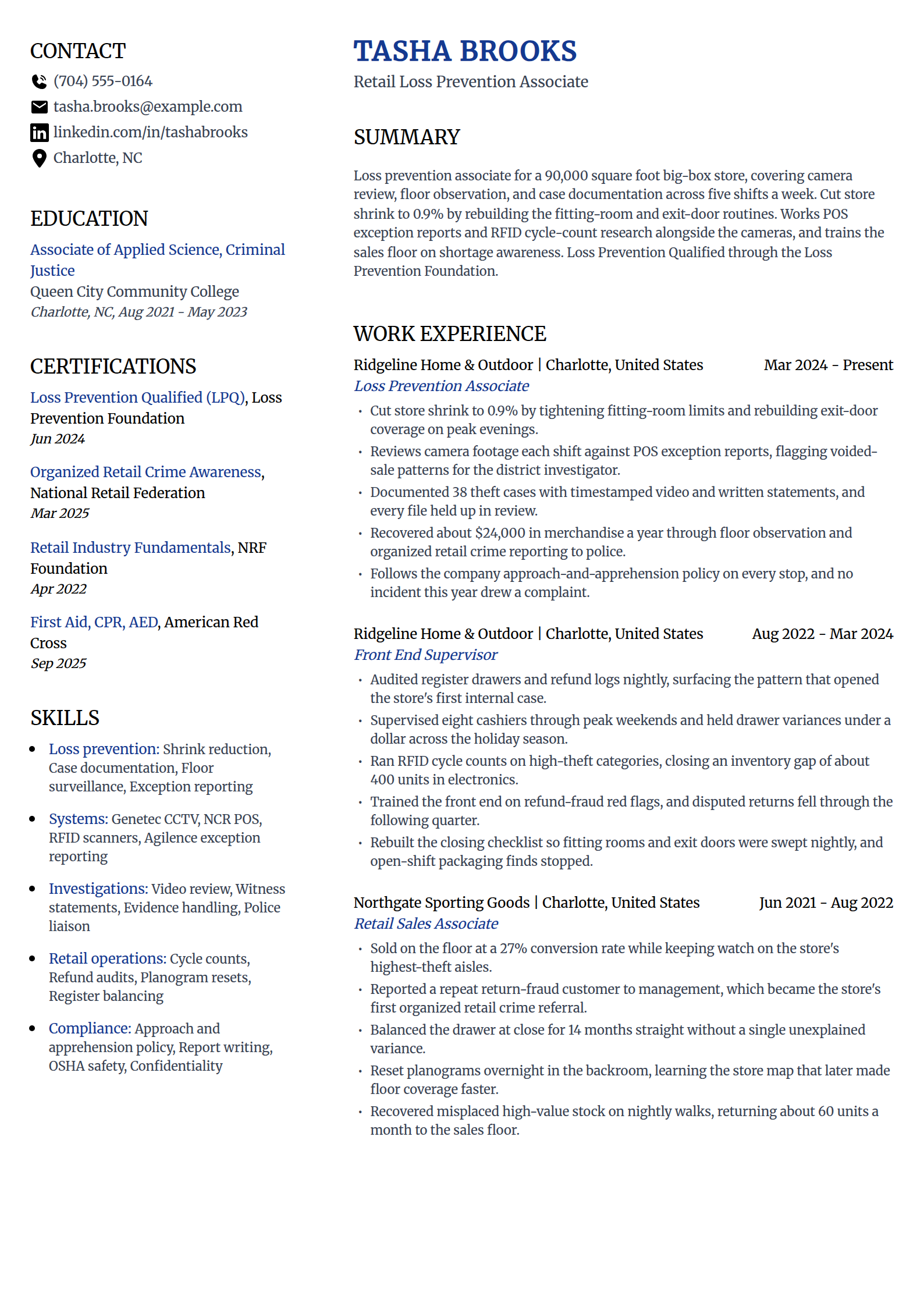 Retail loss prevention associate resume example in the Voyage template