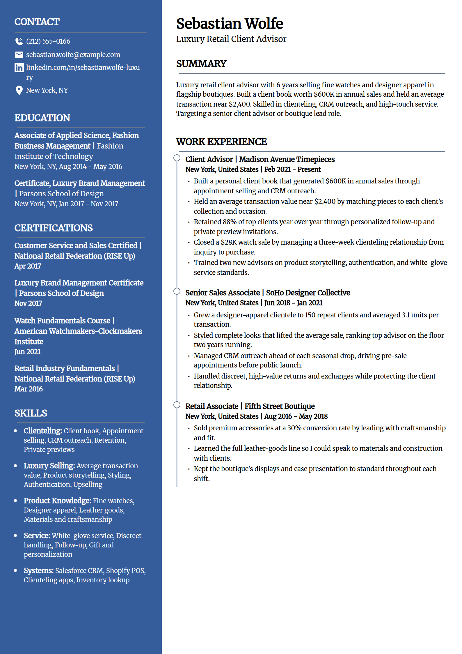 Luxury and specialty retail associate resume example in the Creative template