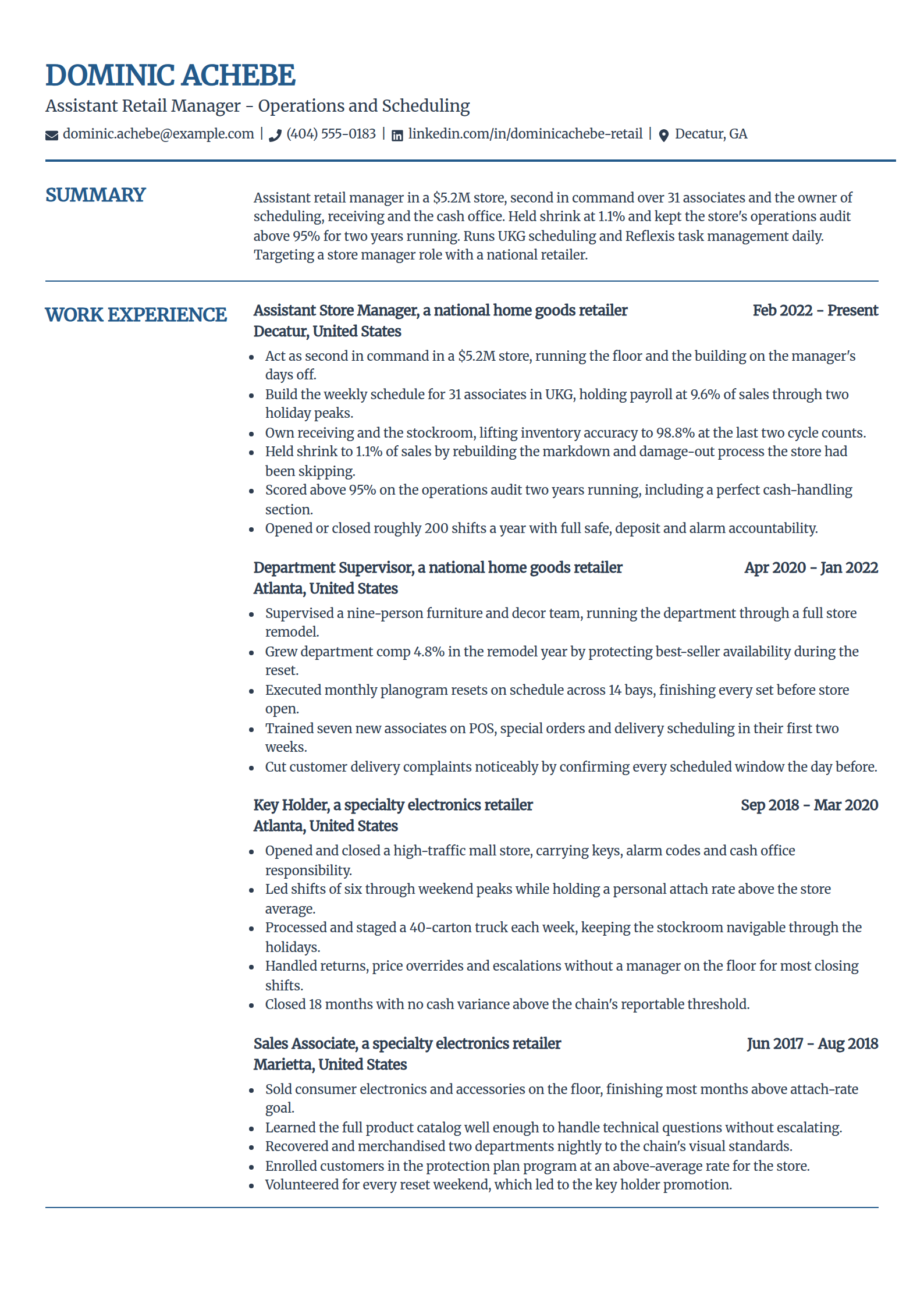 Assistant retail manager resume example in the Craft template