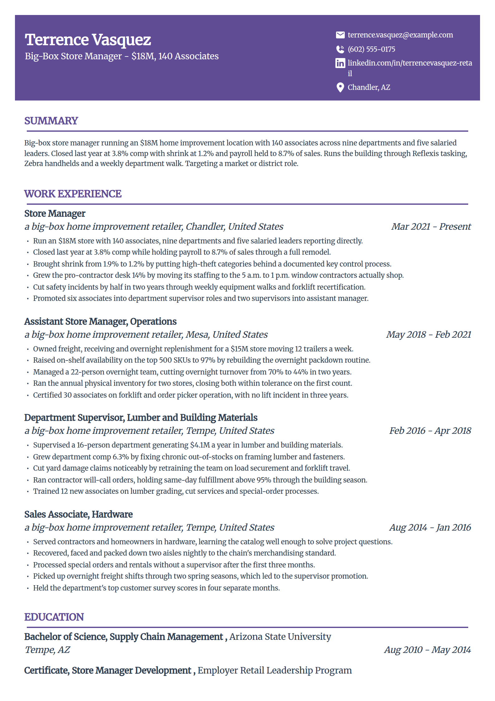Big-box store manager resume example in the Panorama template