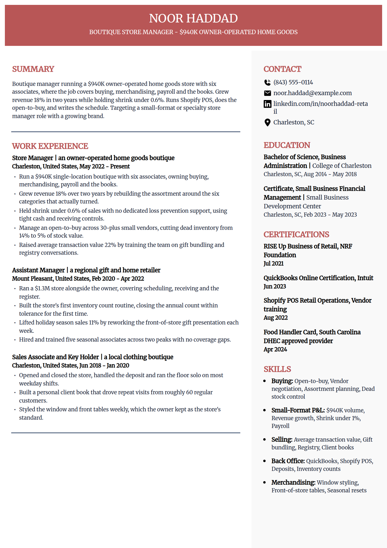 Boutique and small-format store manager resume example in the Executive template