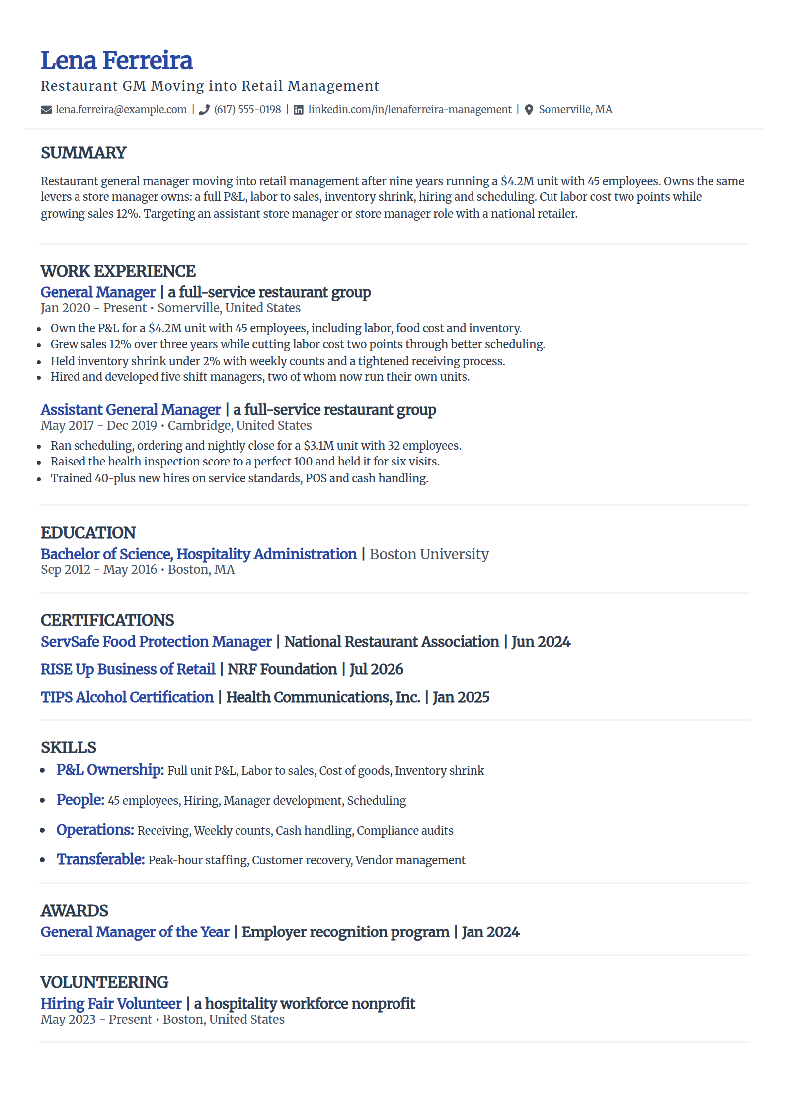Career changer to retail management resume example in the Elegant template