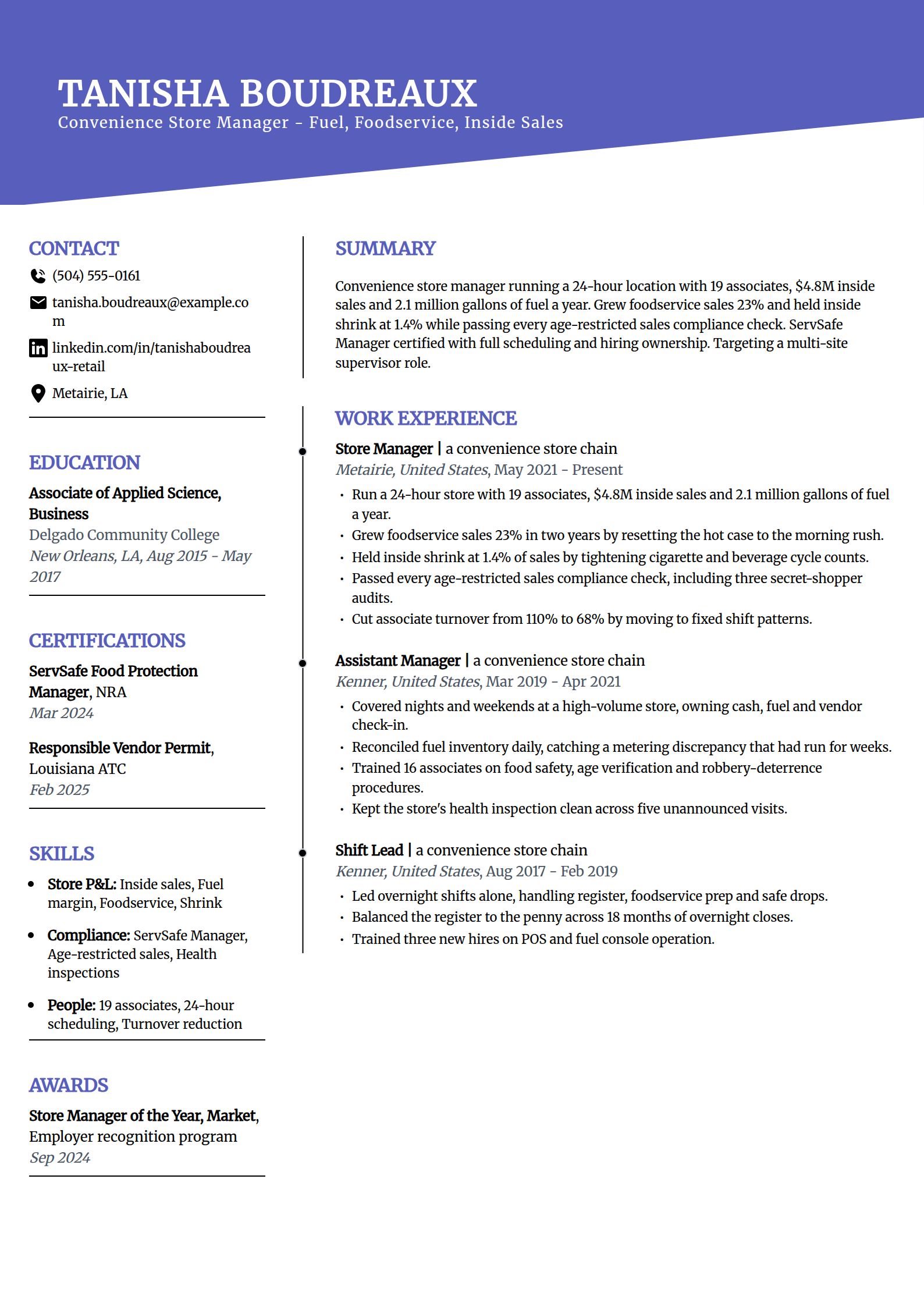 Convenience store manager resume example in the Orbit template