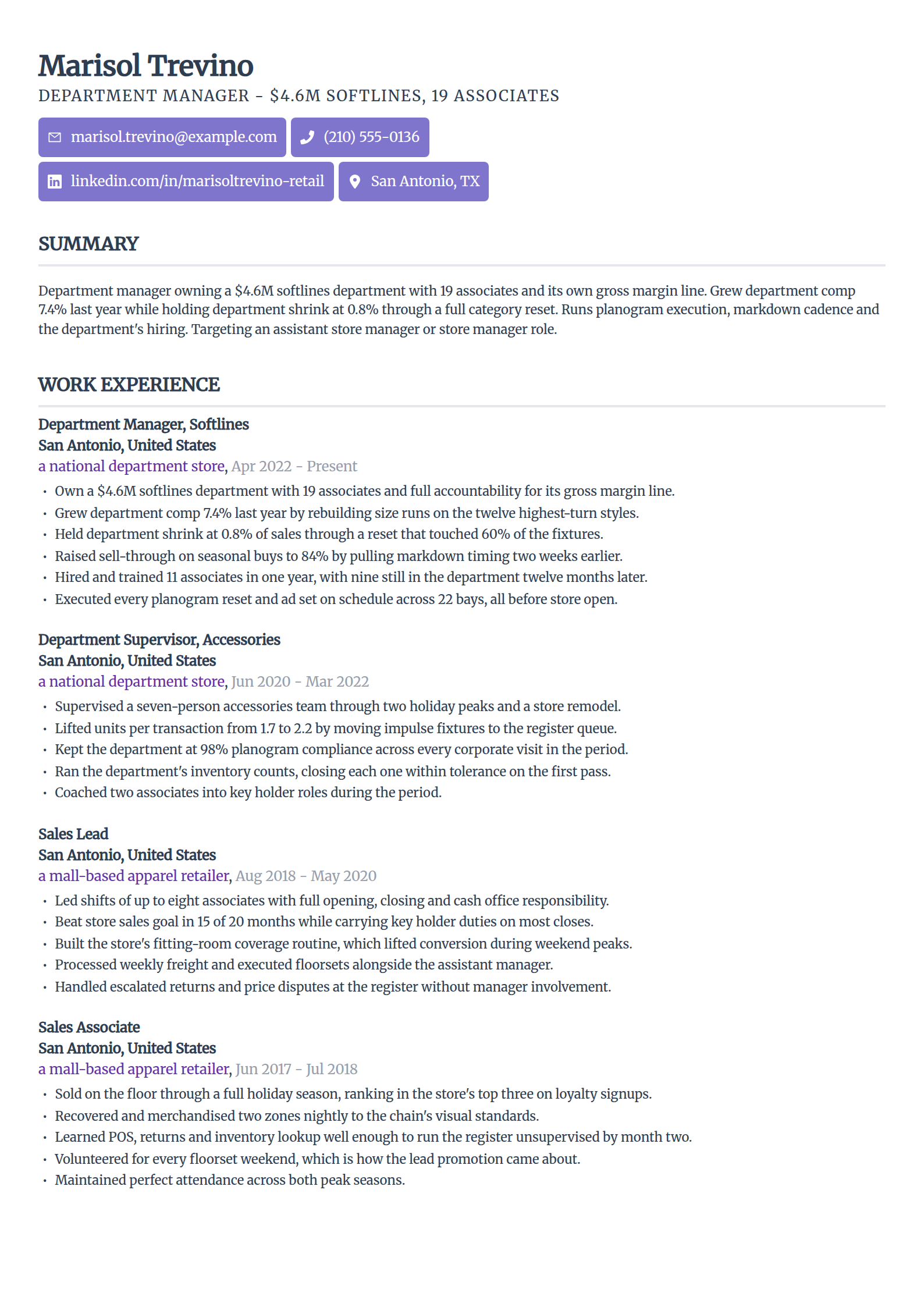 Retail department manager resume example in the Sleek Framework template
