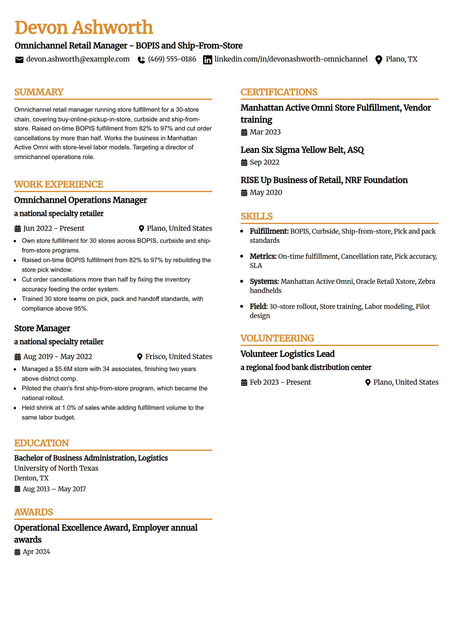 Omnichannel and e-commerce retail manager resume example in the Professional Edge template