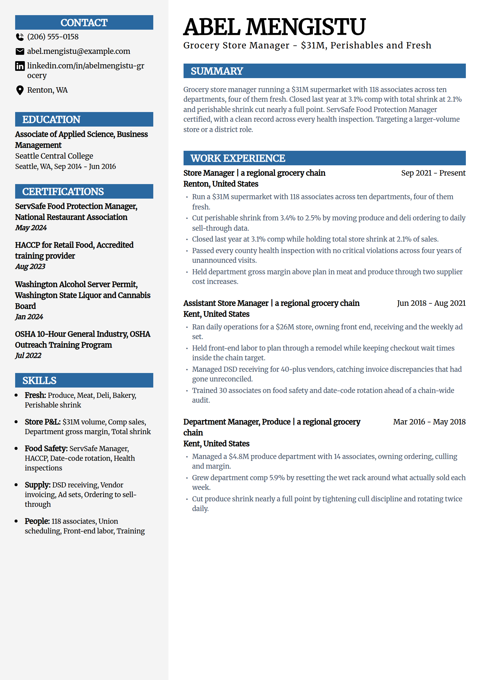 Grocery store manager resume example in the Mosaic template