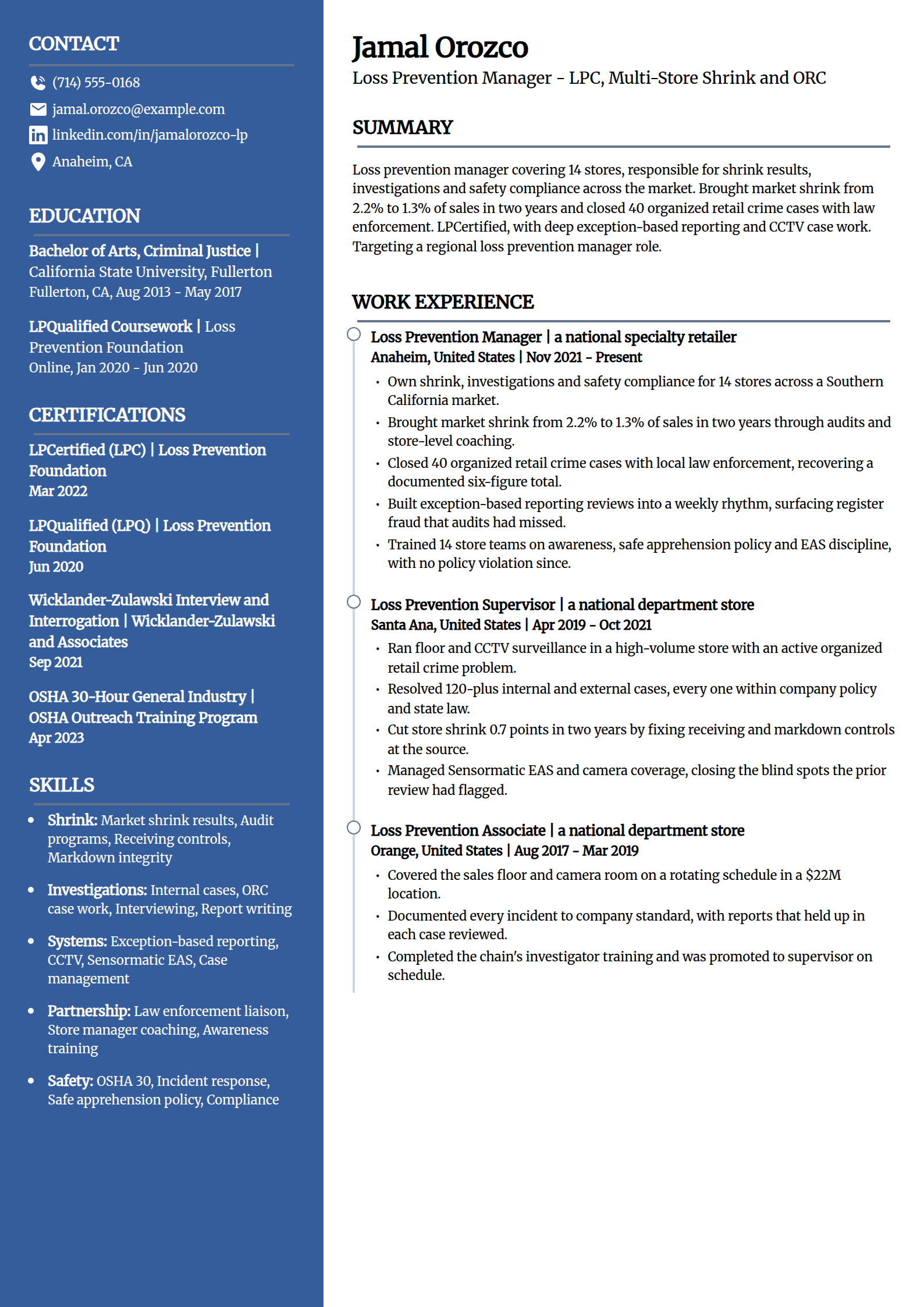 Loss prevention manager resume example in the Creative template