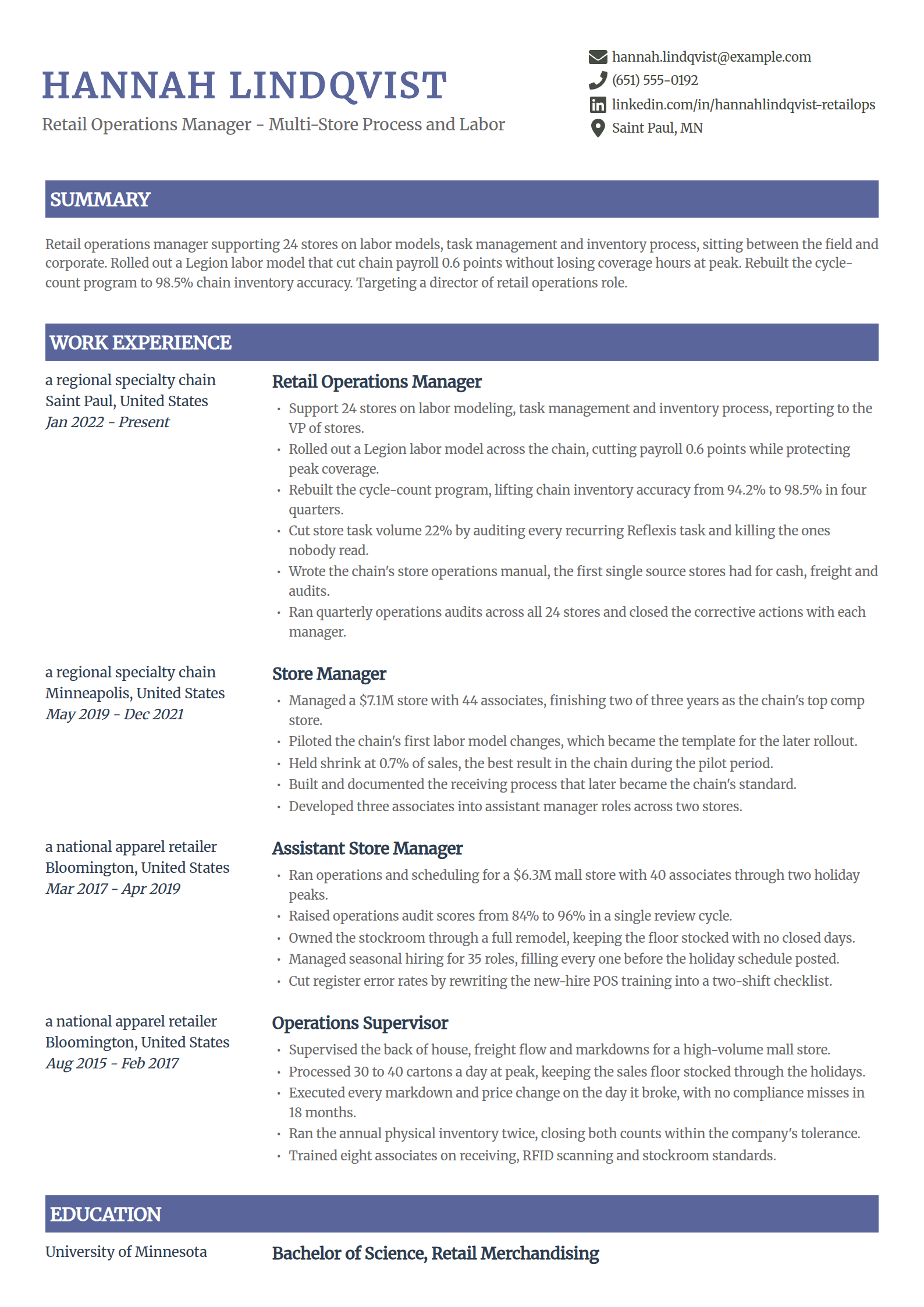 Retail operations manager resume example in the Catalyst template