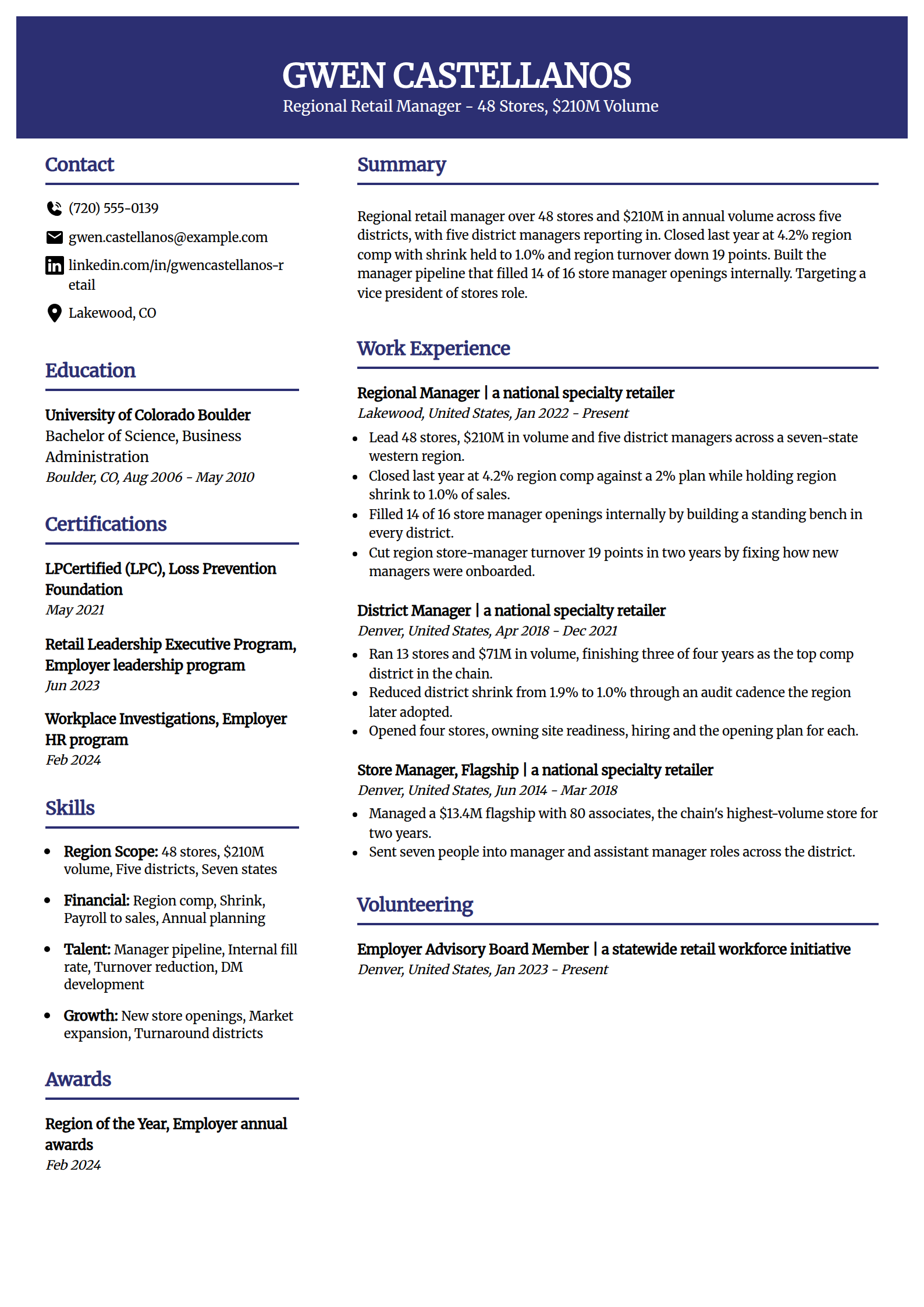 Regional retail manager resume example in the Visionary template