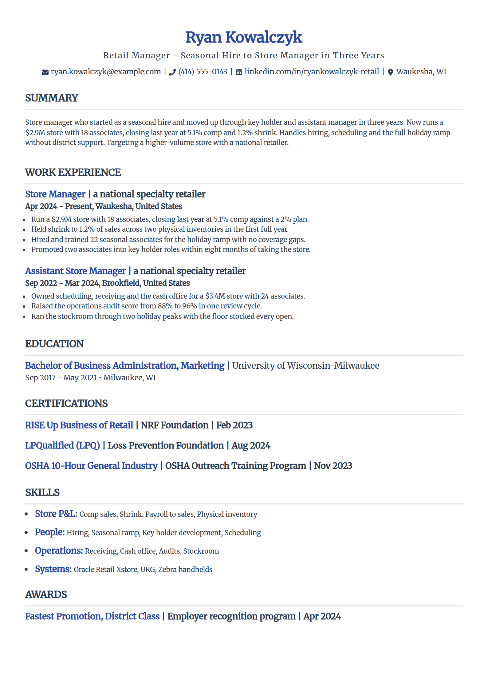 Seasonal retail hire promoted to store manager resume example in the Simple template