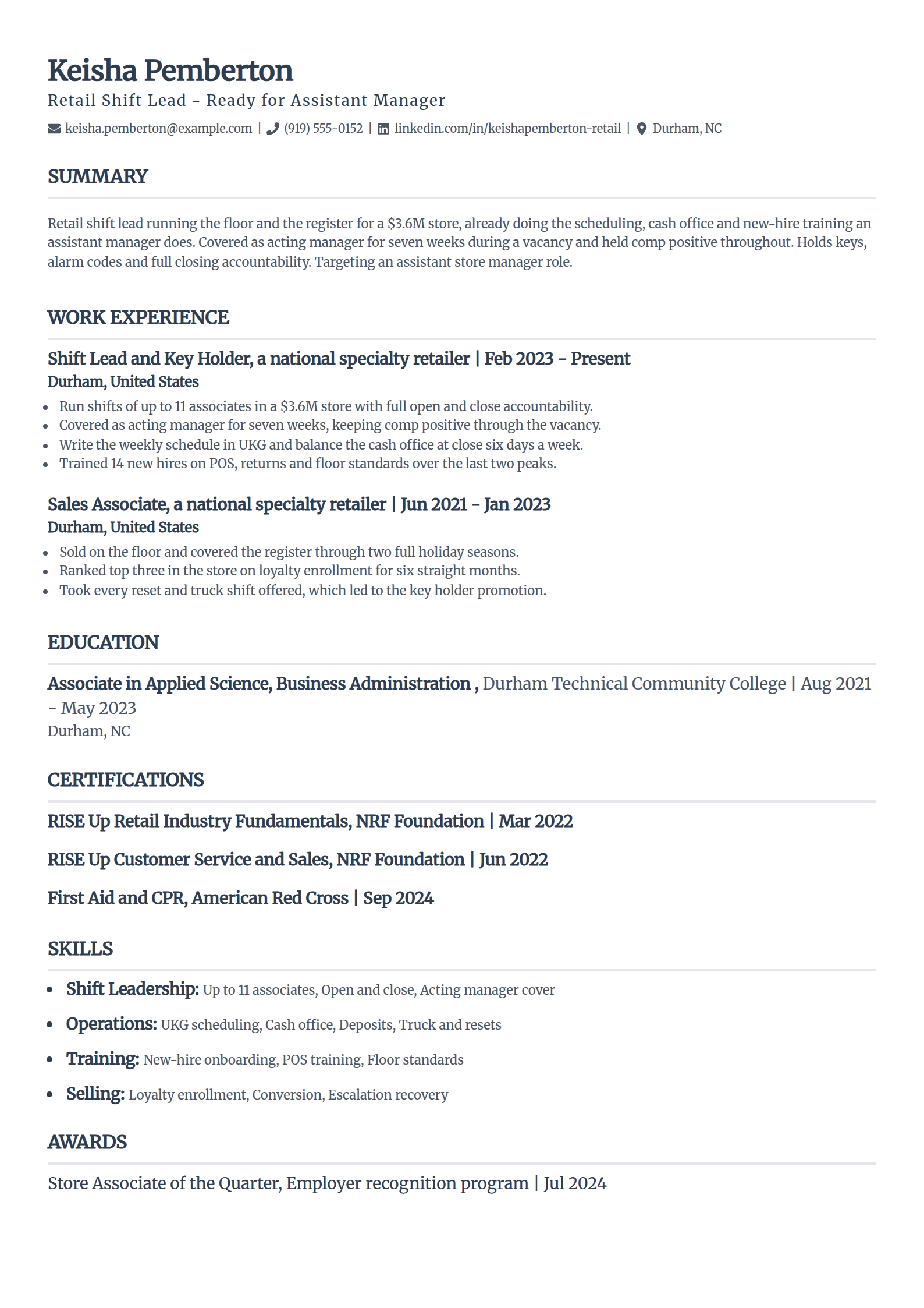 Retail shift lead moving up to manager resume example in the Classic template