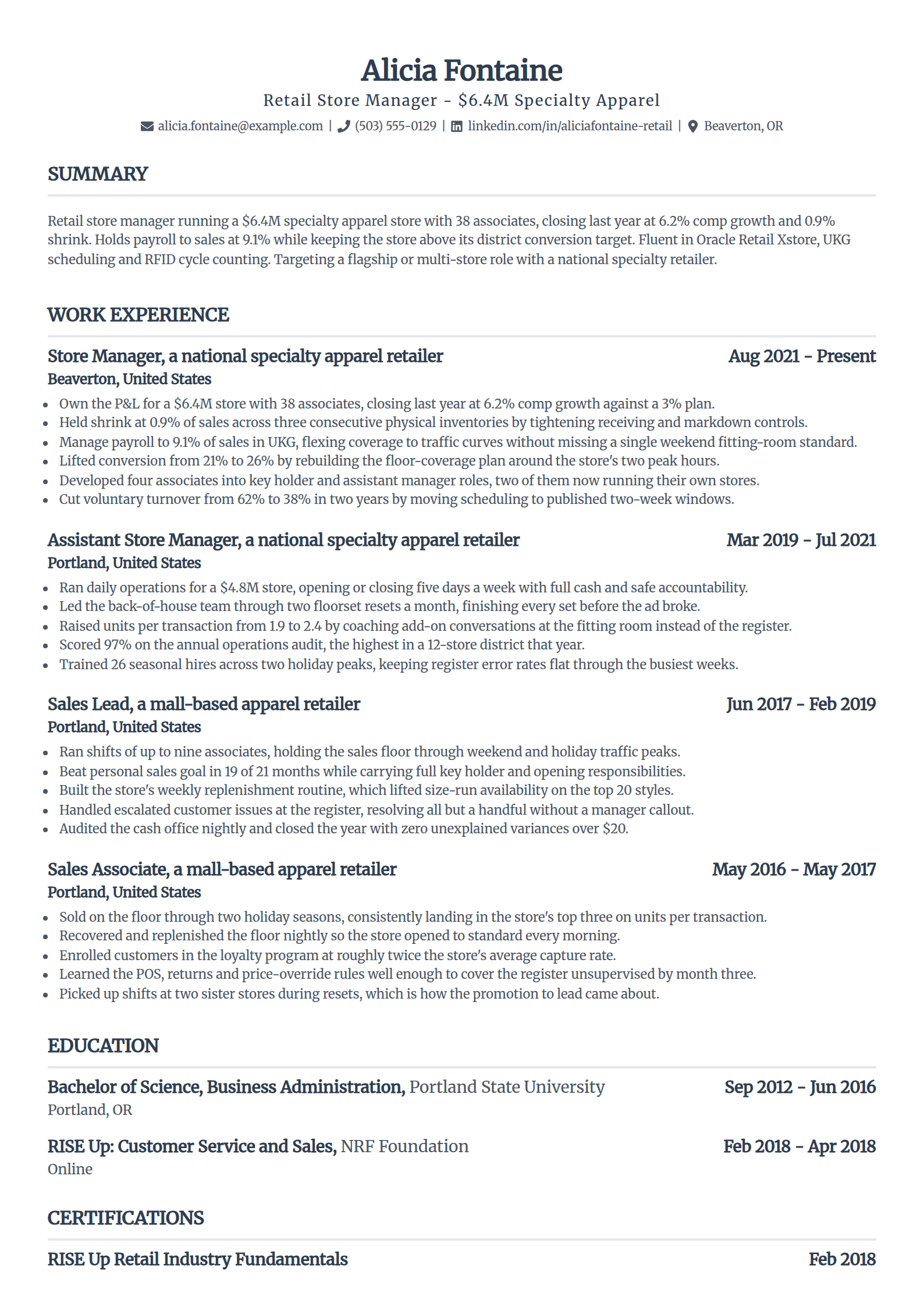 Retail store manager resume example in the Standard template