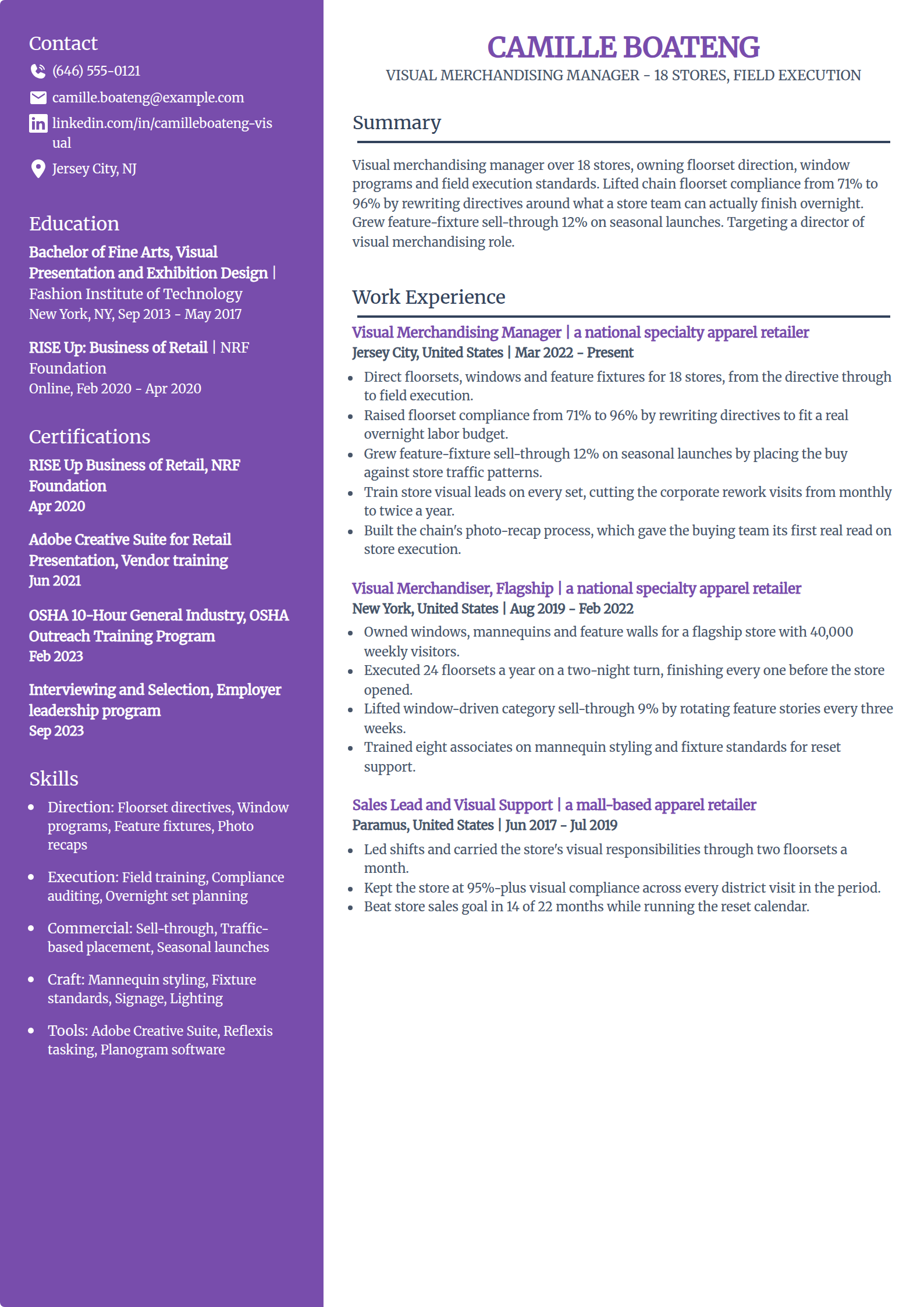 Visual merchandising manager resume example in the Pioneer template