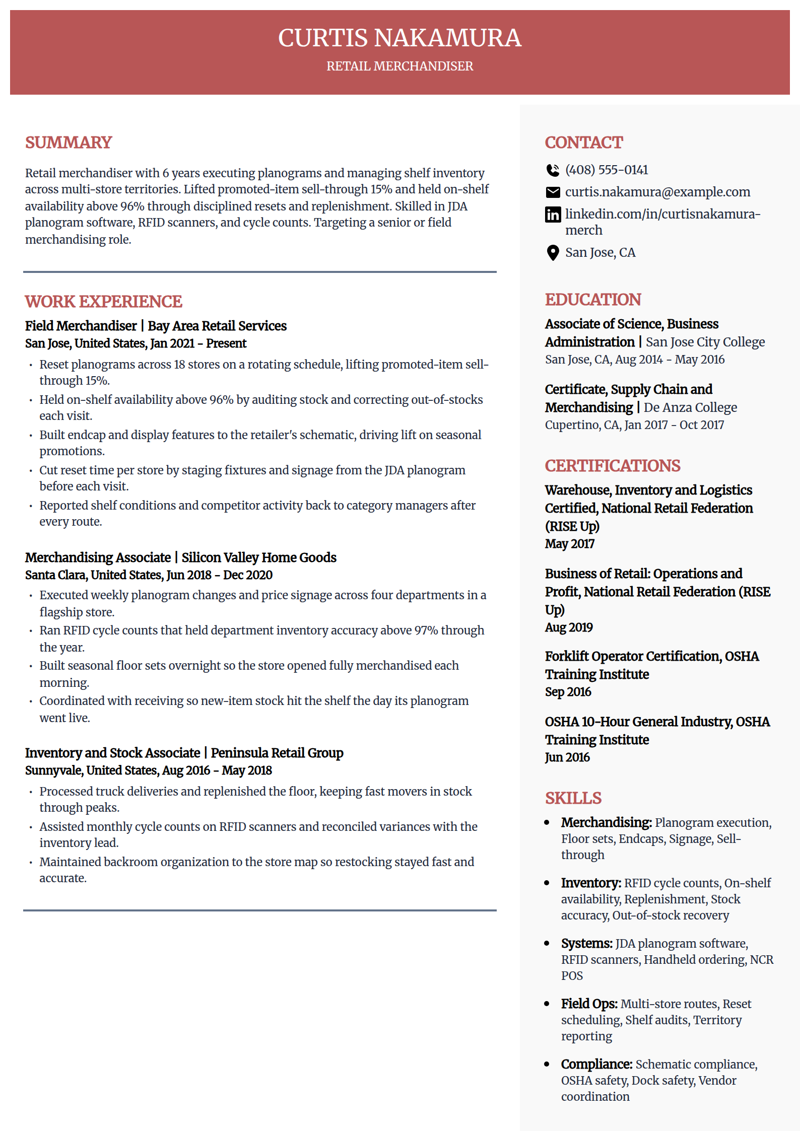 Retail merchandiser resume example in the Executive template