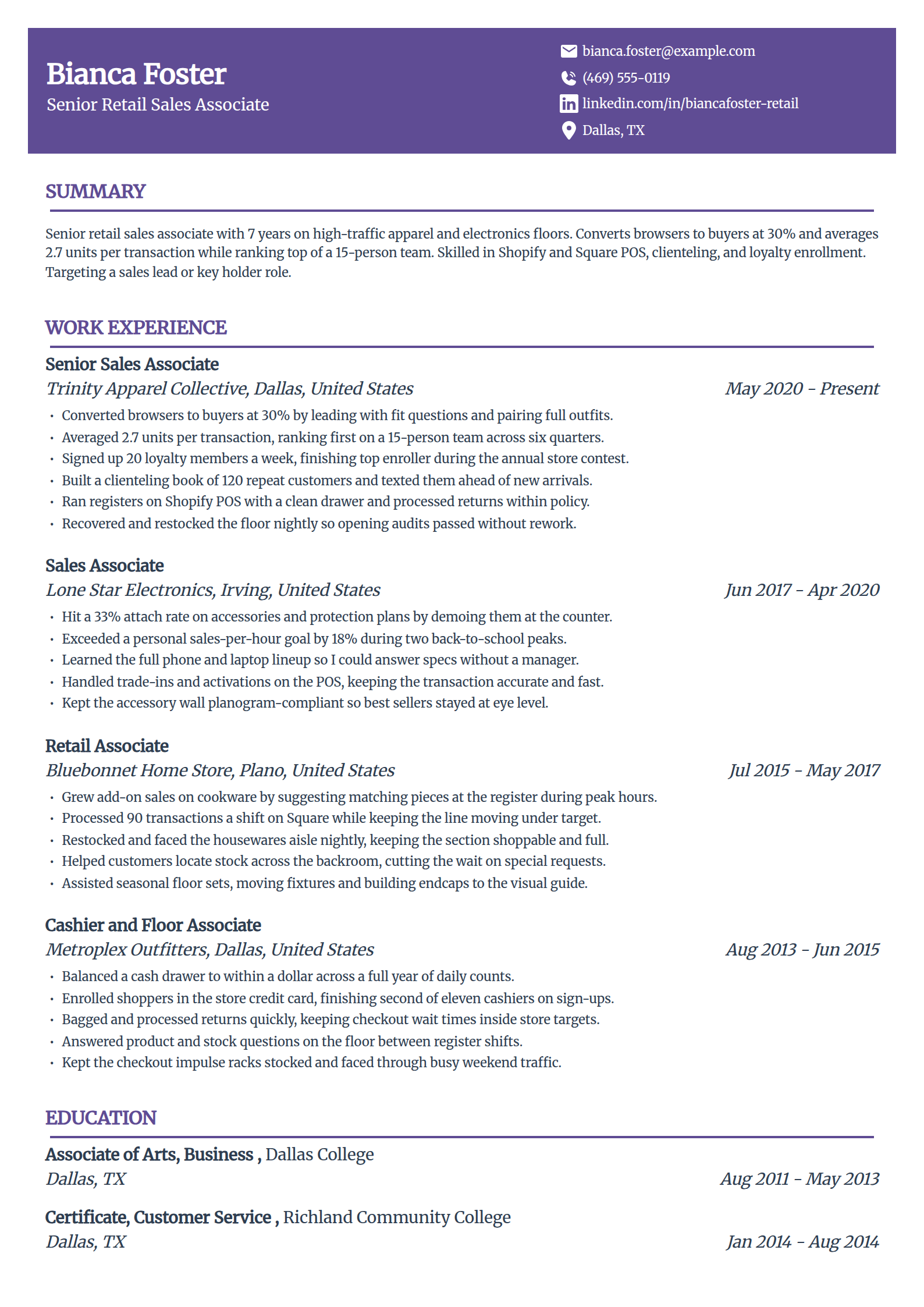 Experienced retail sales associate resume example in the Panorama template
