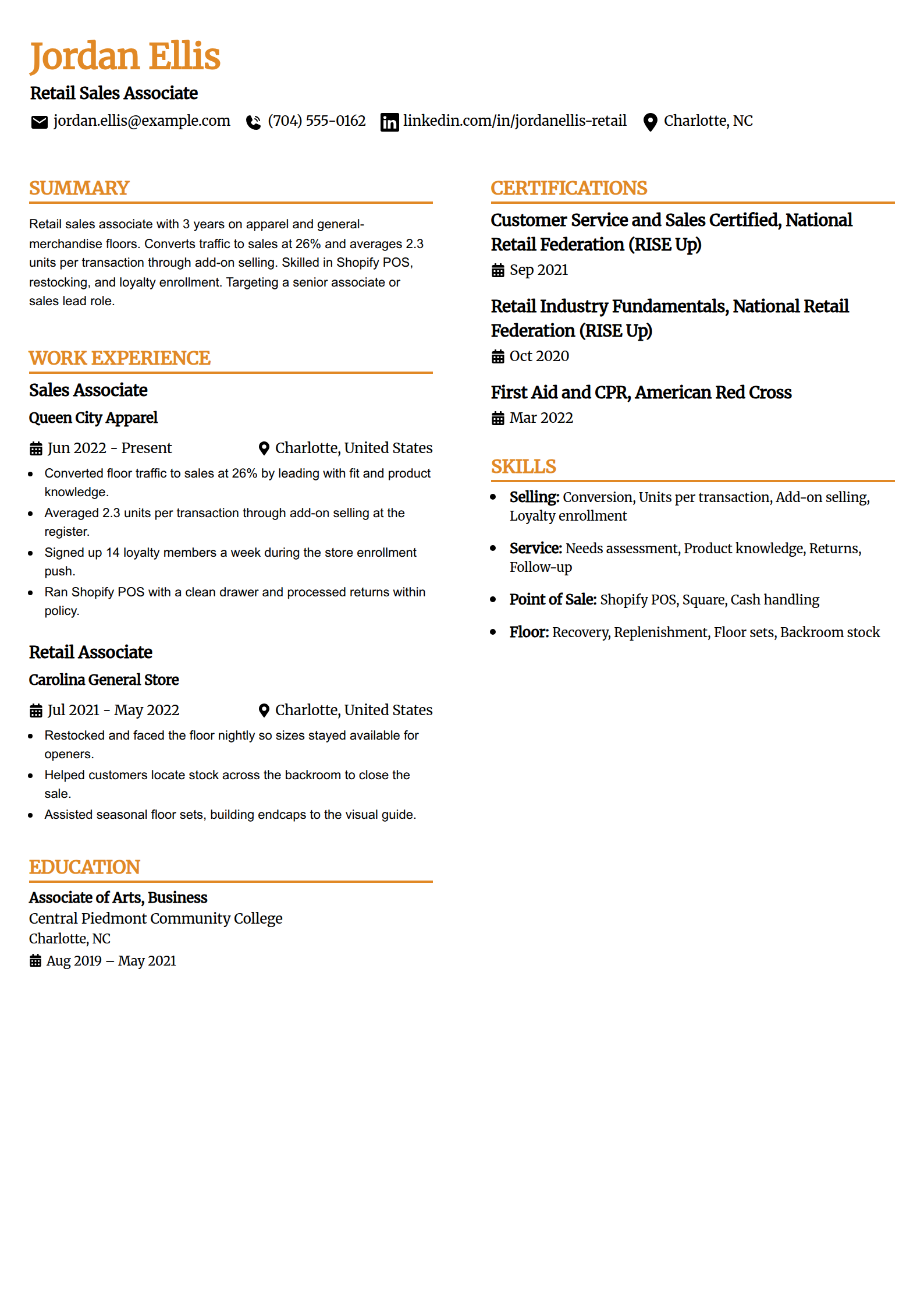 General retail sales associate resume example in the Professional Edge template