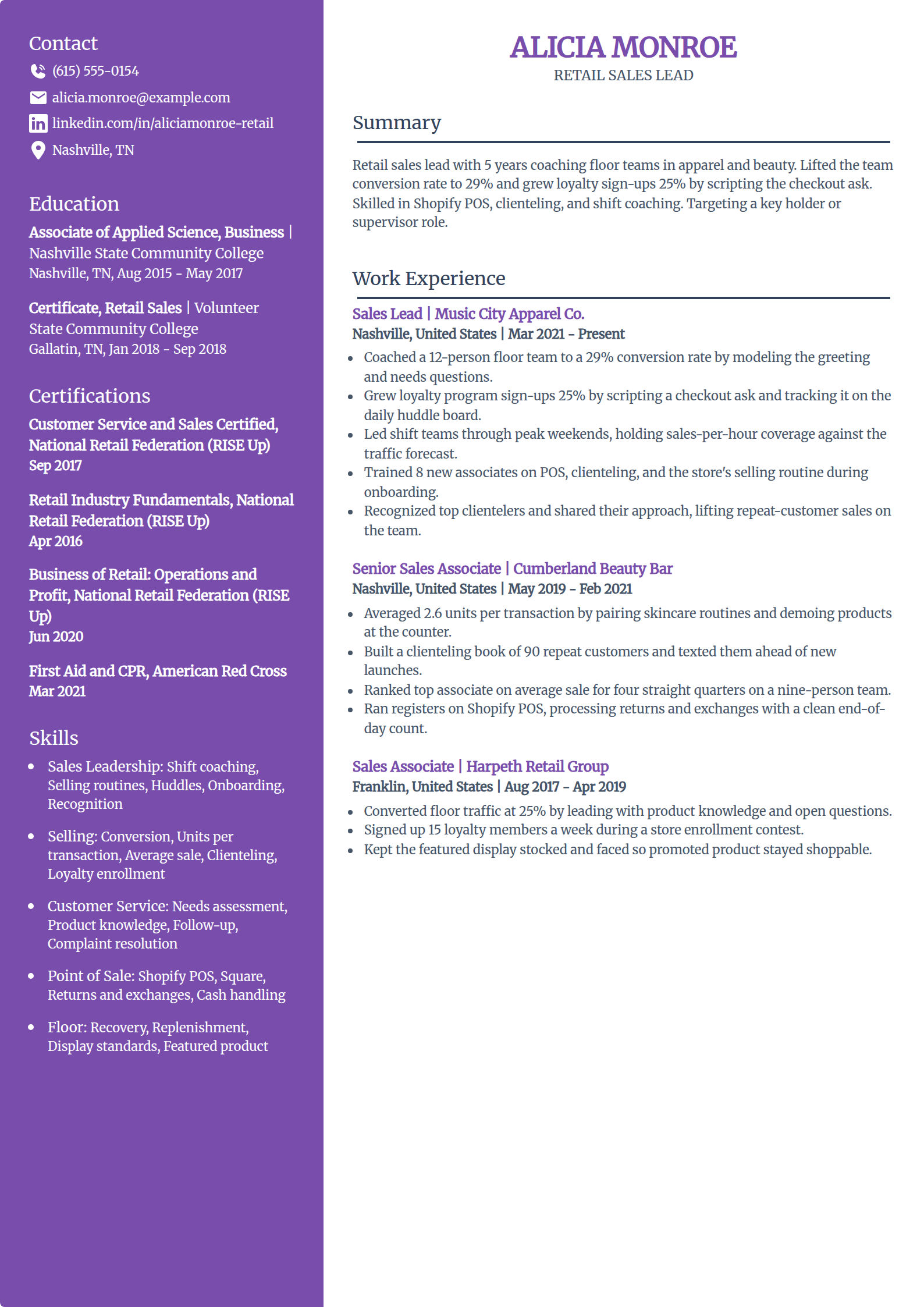 Retail sales lead resume example in the Pioneer template