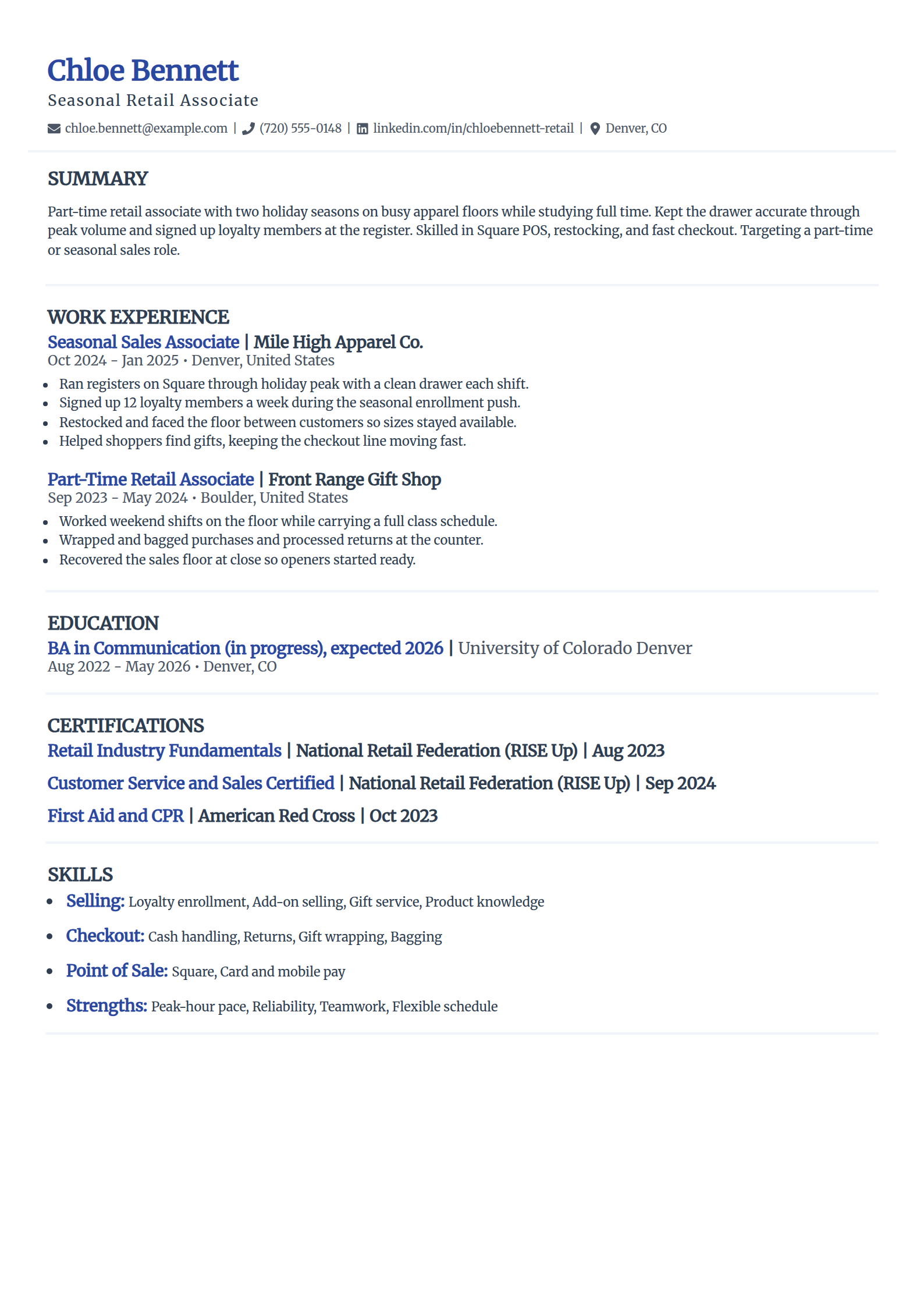 Seasonal and part-time retail associate resume example in the Elegant template