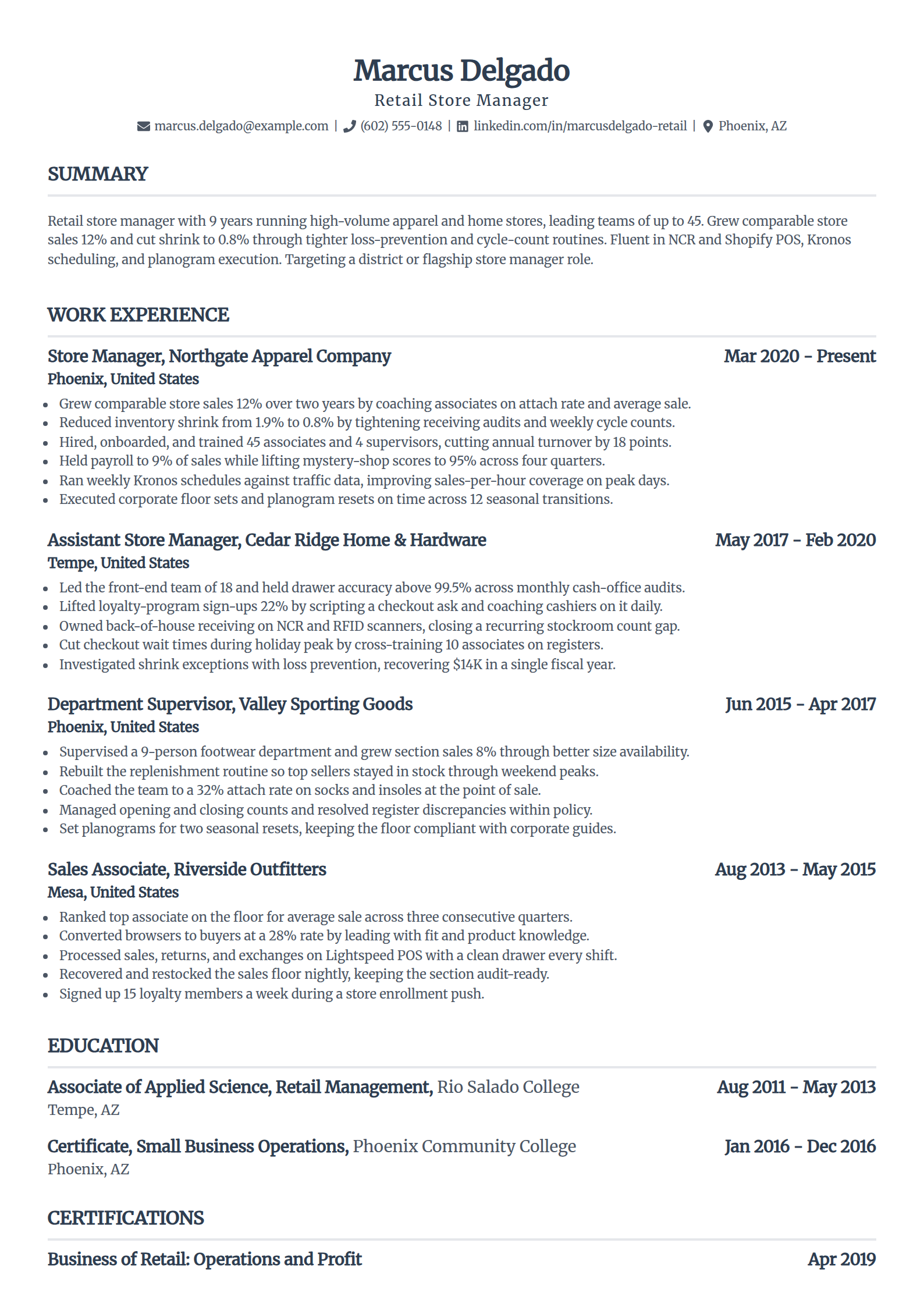 Retail store manager resume example in the Standard template