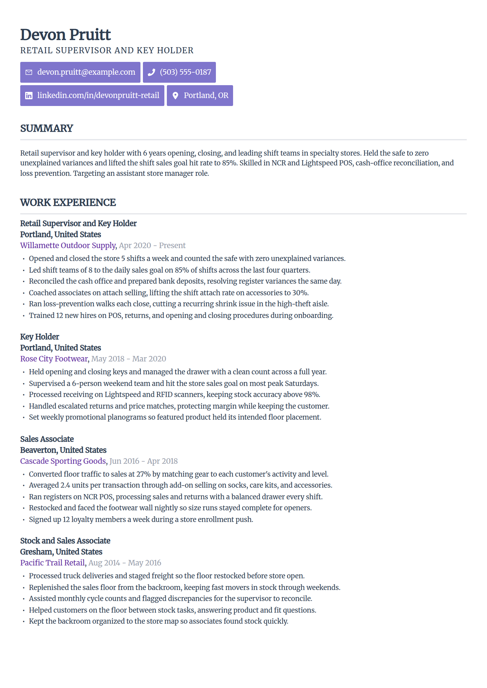 Retail supervisor and key holder resume example in the Sleek Framework template