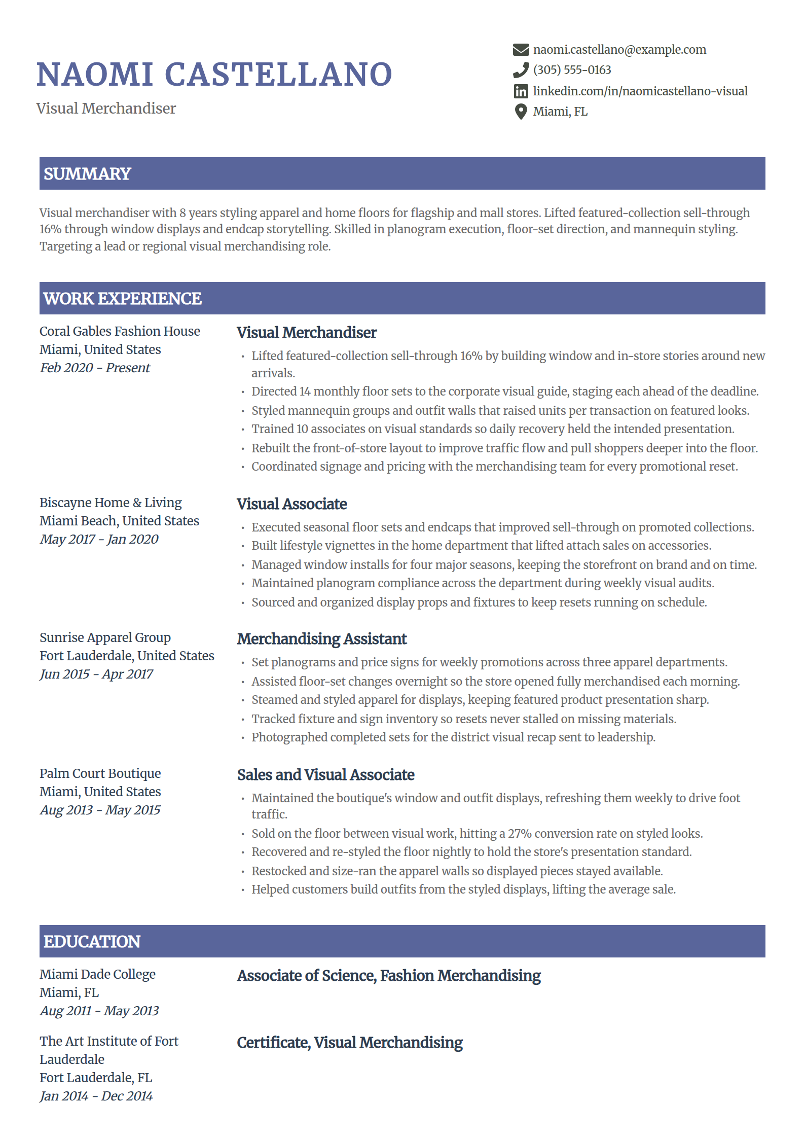 Visual merchandiser resume example in the Catalyst template